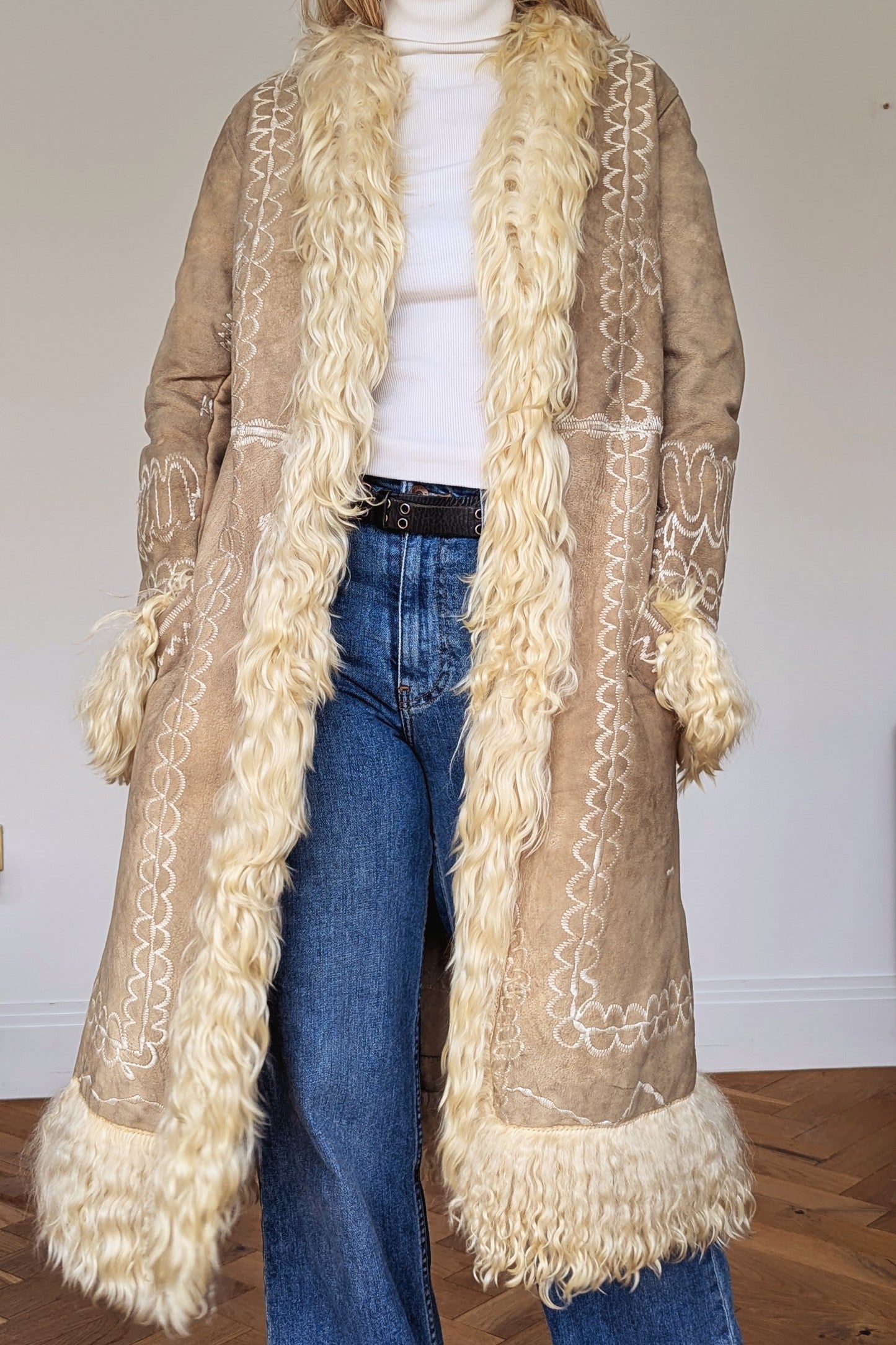 Vintage 1960s Afghan Shearling Embroidered Coat