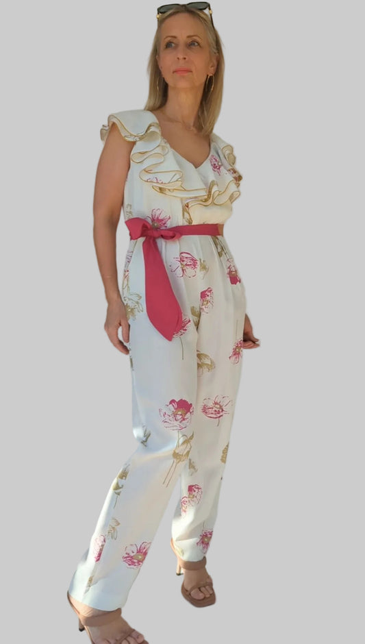 80s Cream & Gold Ruffle Jumpsuit