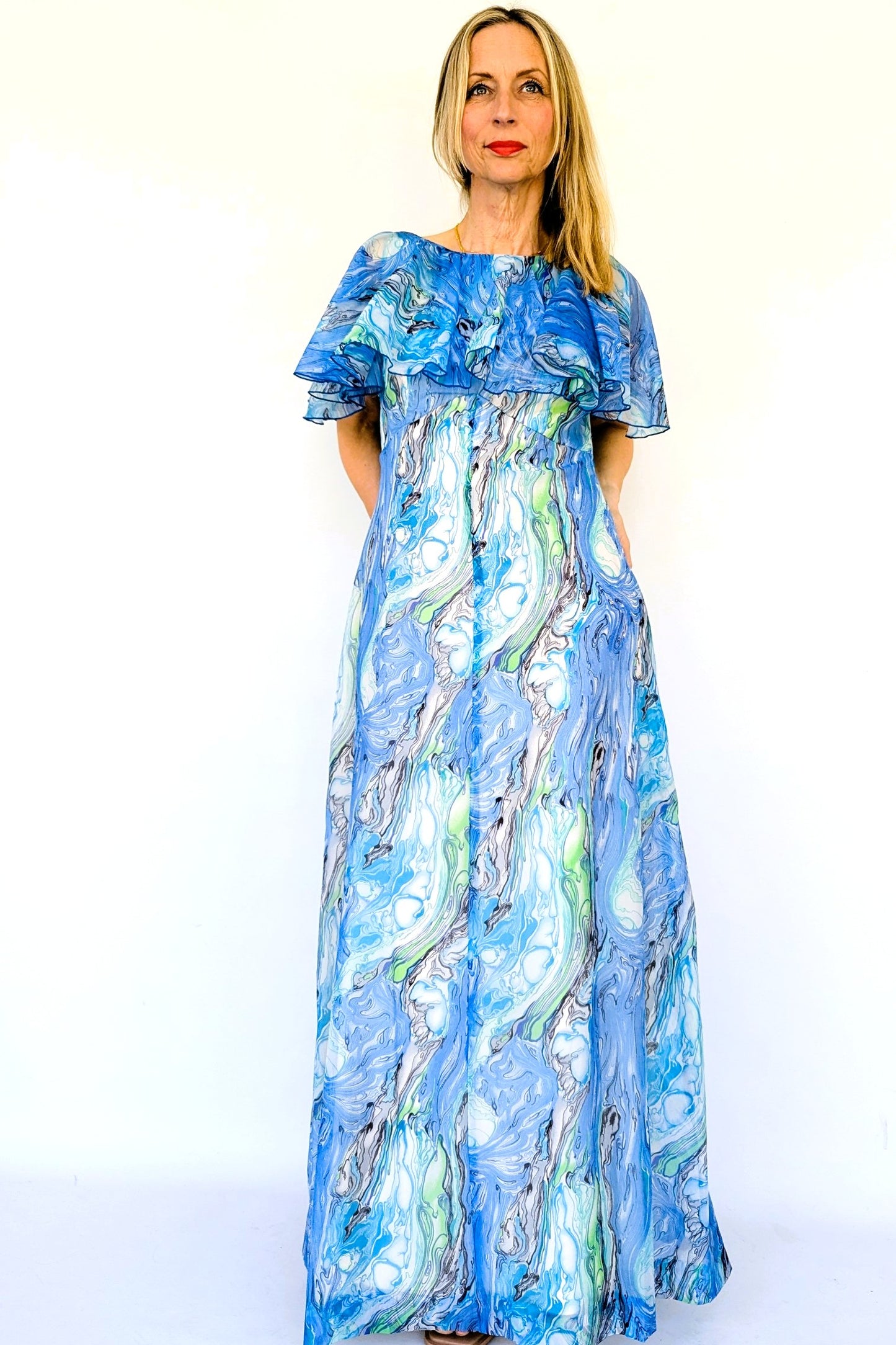 vintage 197s maxi evening dress in blue and white
