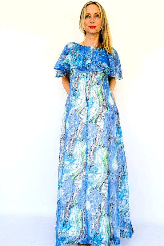 vintage 197s maxi evening dress in blue and white
