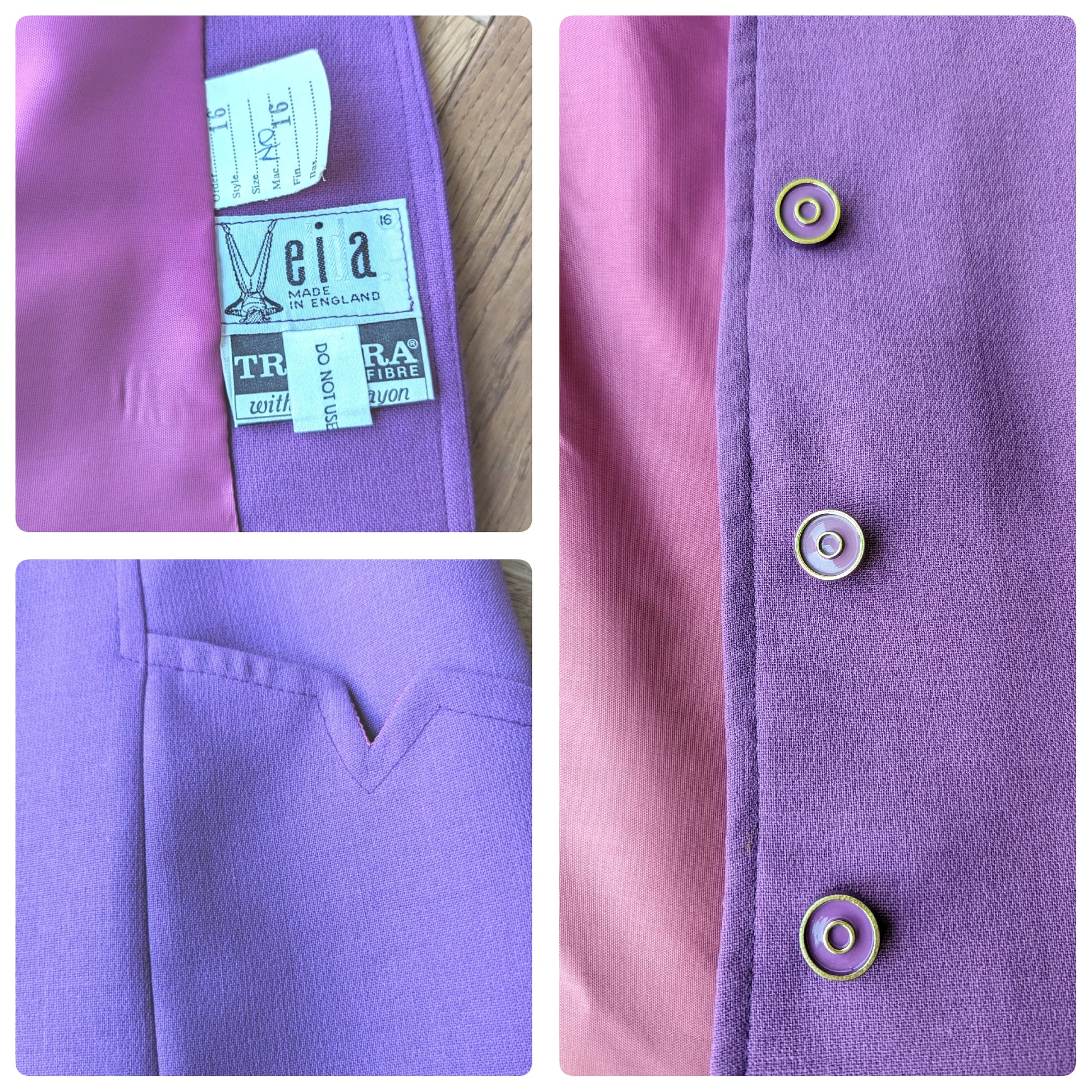buttons and label from purple trouser suit set vintage