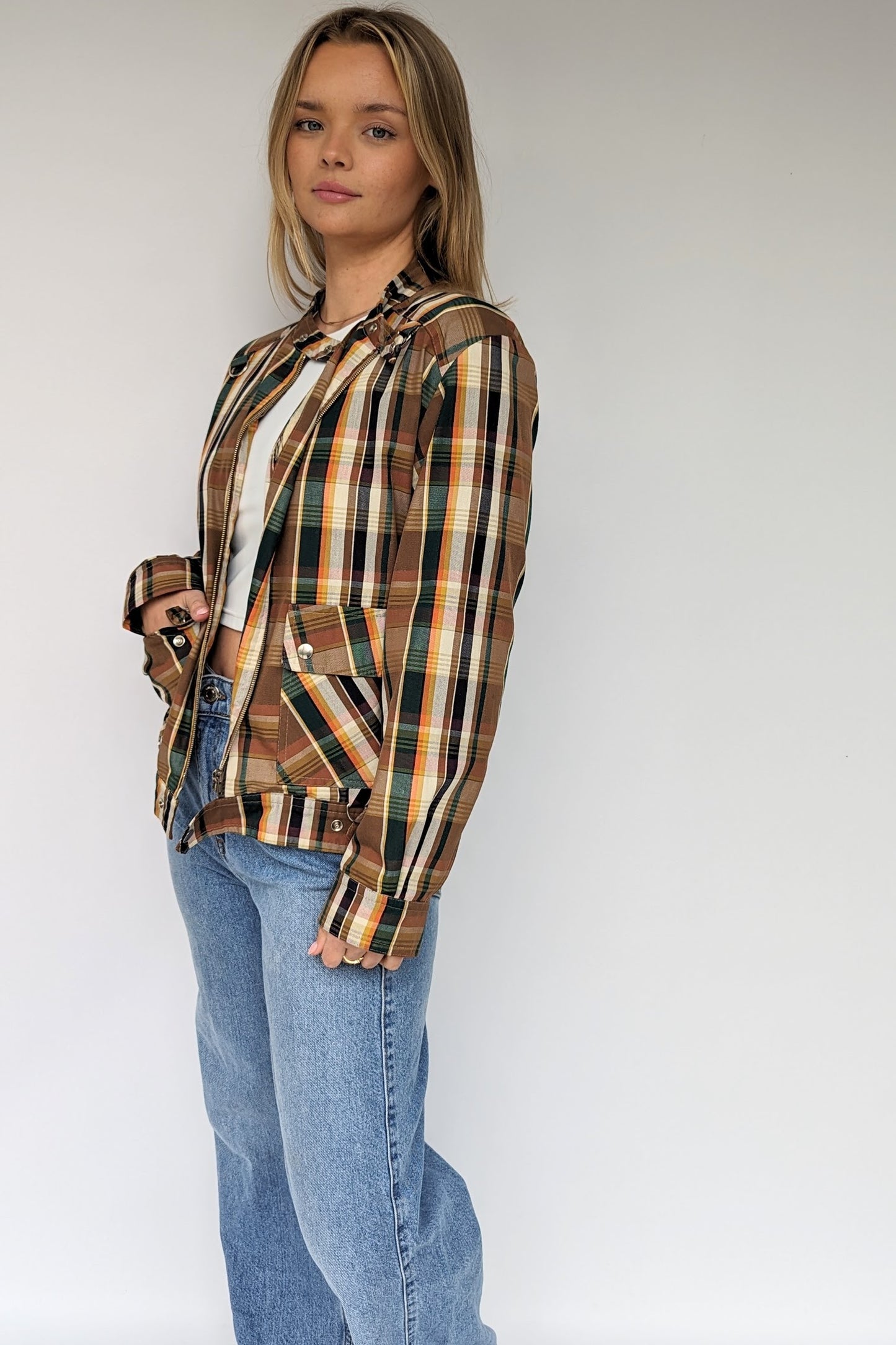 casual streetwear checked bomber style jacket  in beige, brown, green and cream 