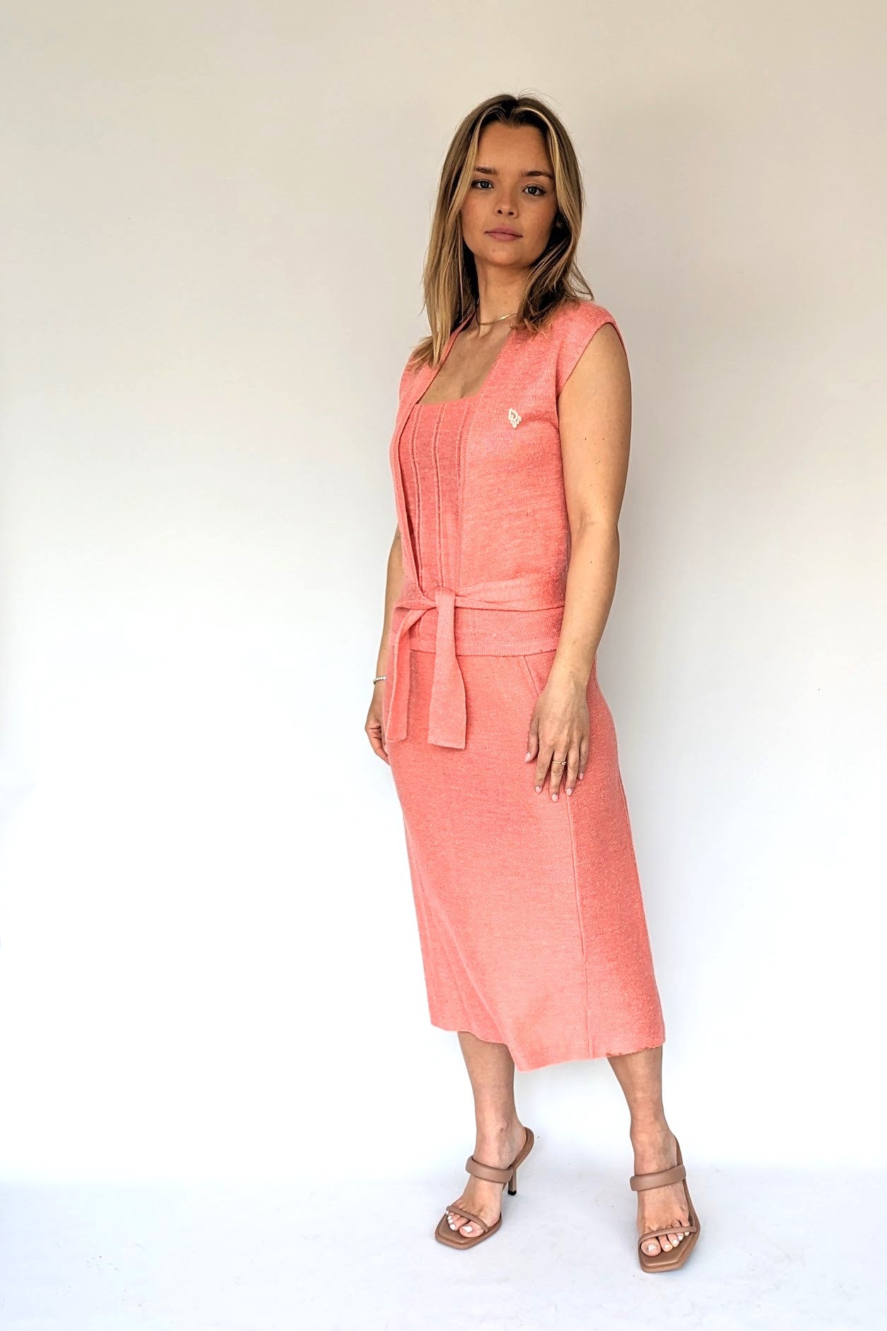 Vintage 1970s Christian Dior Peach three piece set with skirt, cami and cardigan top