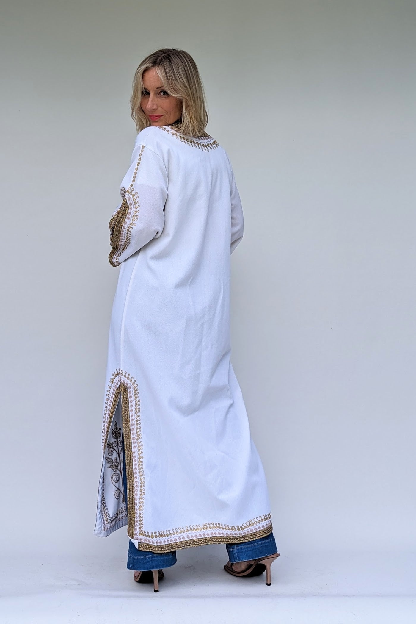 back of Long gold embroidered kaftan cover up robe