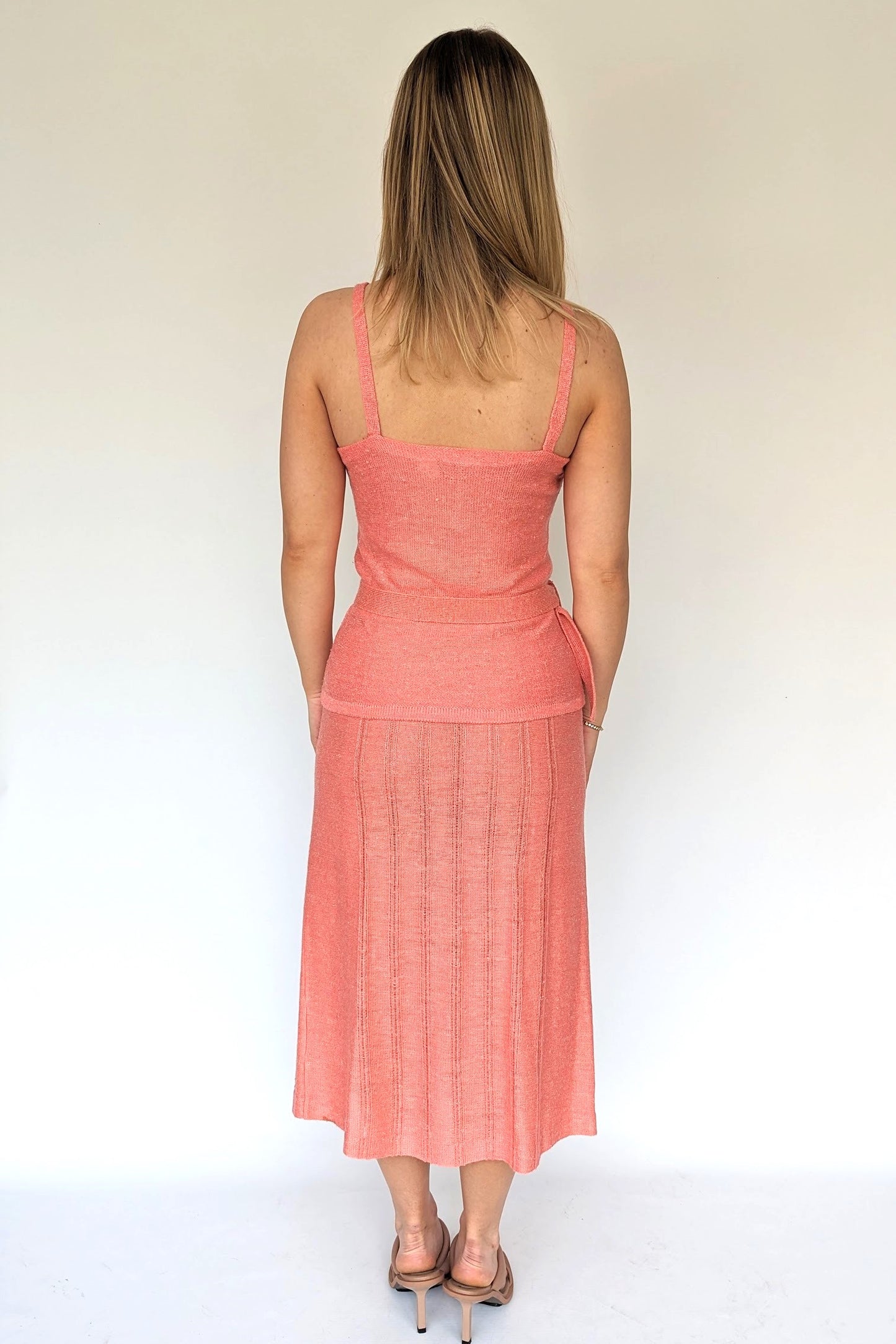 back of Vintage 1970s Christian Dior Peach three piece set with skirt, camii