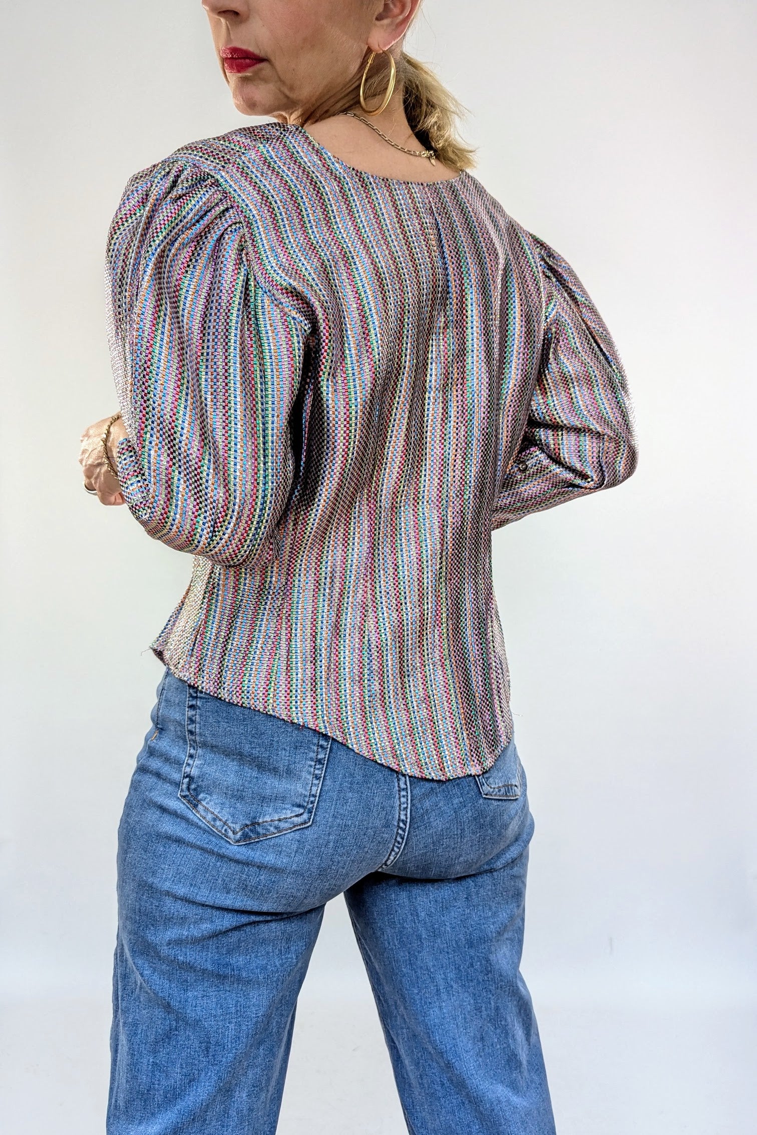 back of metallic vintage blouse with puff sleeve