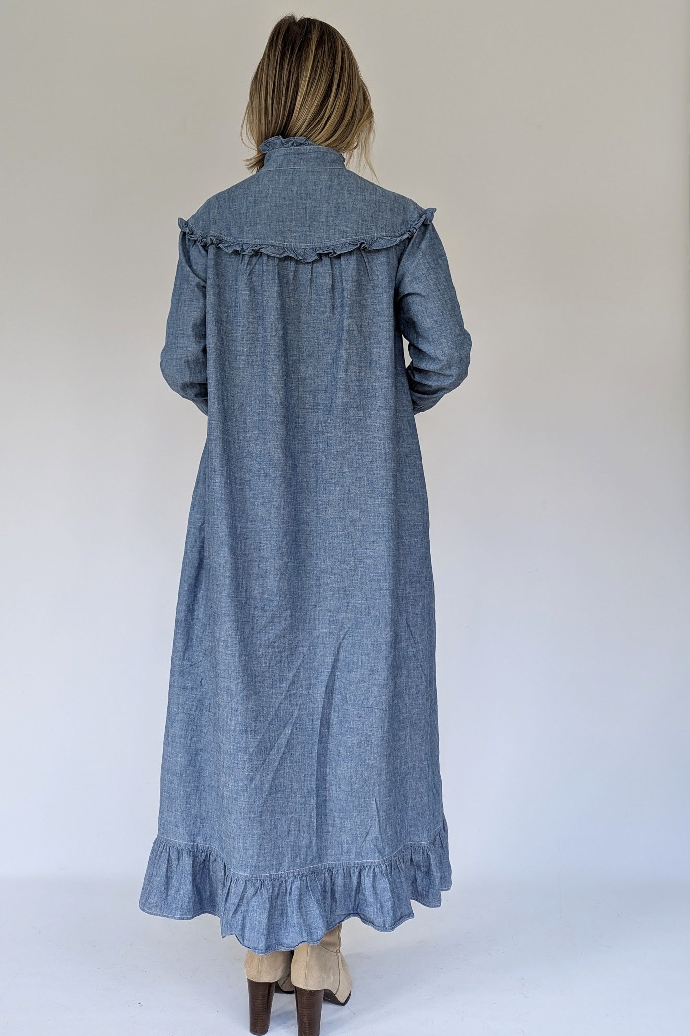 back of ralph lauren vintage prairie maxi dress with ruffles