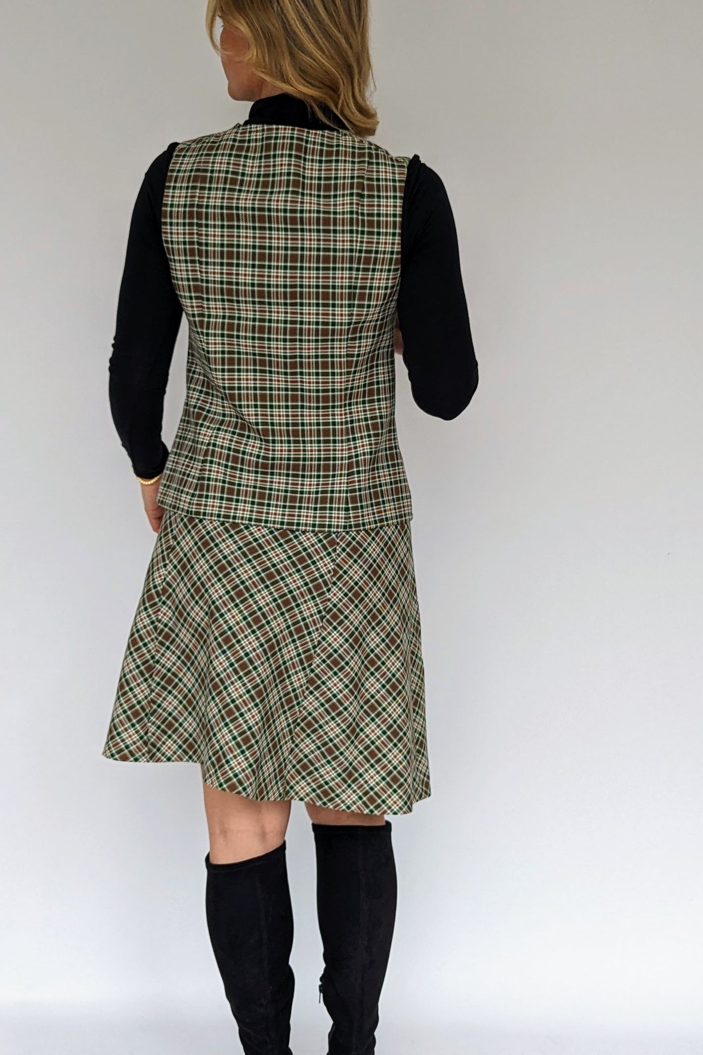 back of Plaid check skirt suit from 1970s in khaki and brown