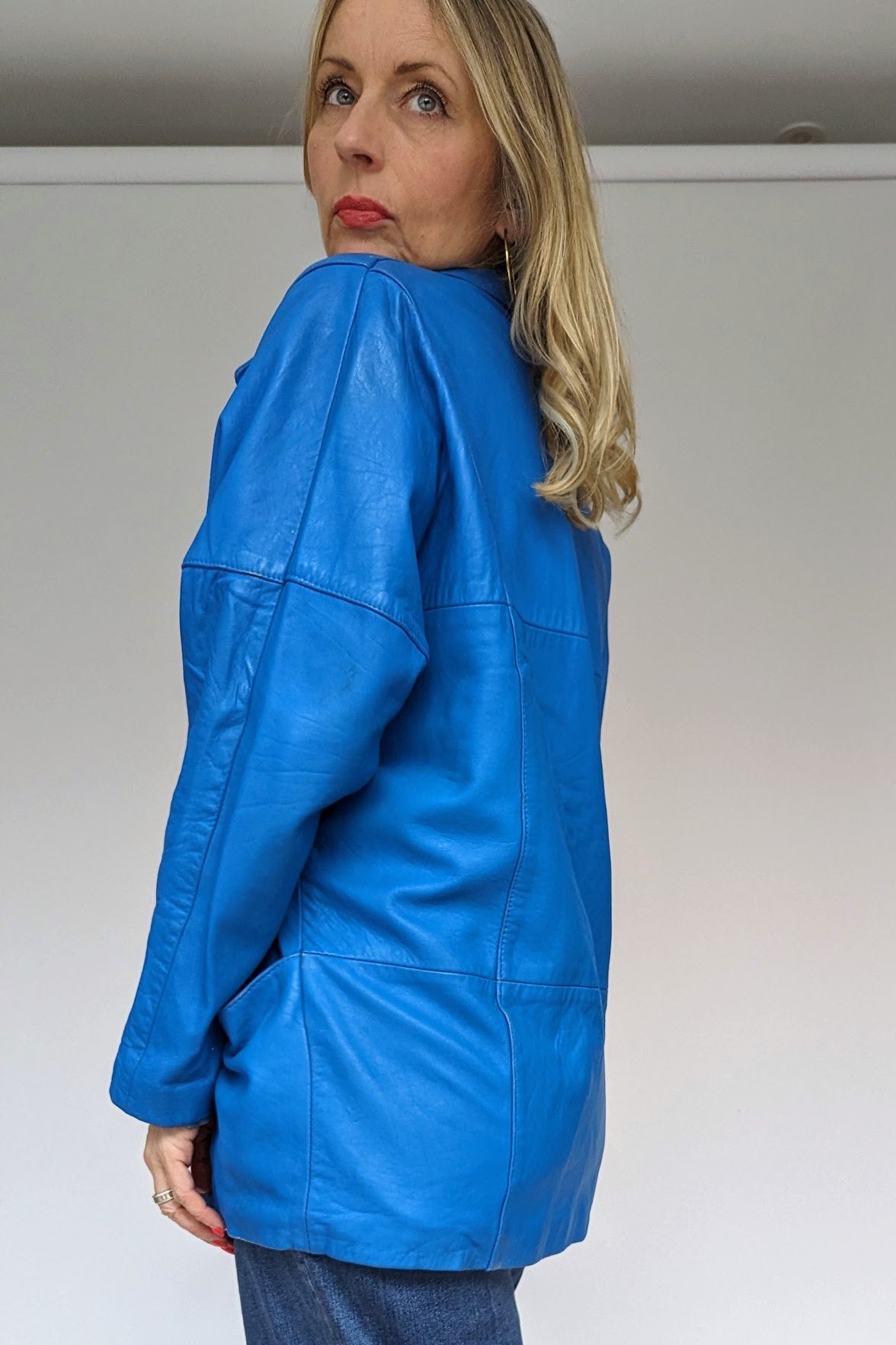 side of blue 80s retro ladies coat 