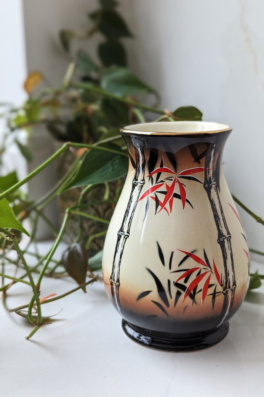bamboo mid century vase in cream, black and red