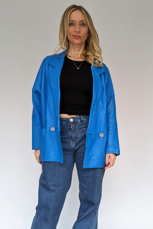 bright blue 80s retro leather jacket