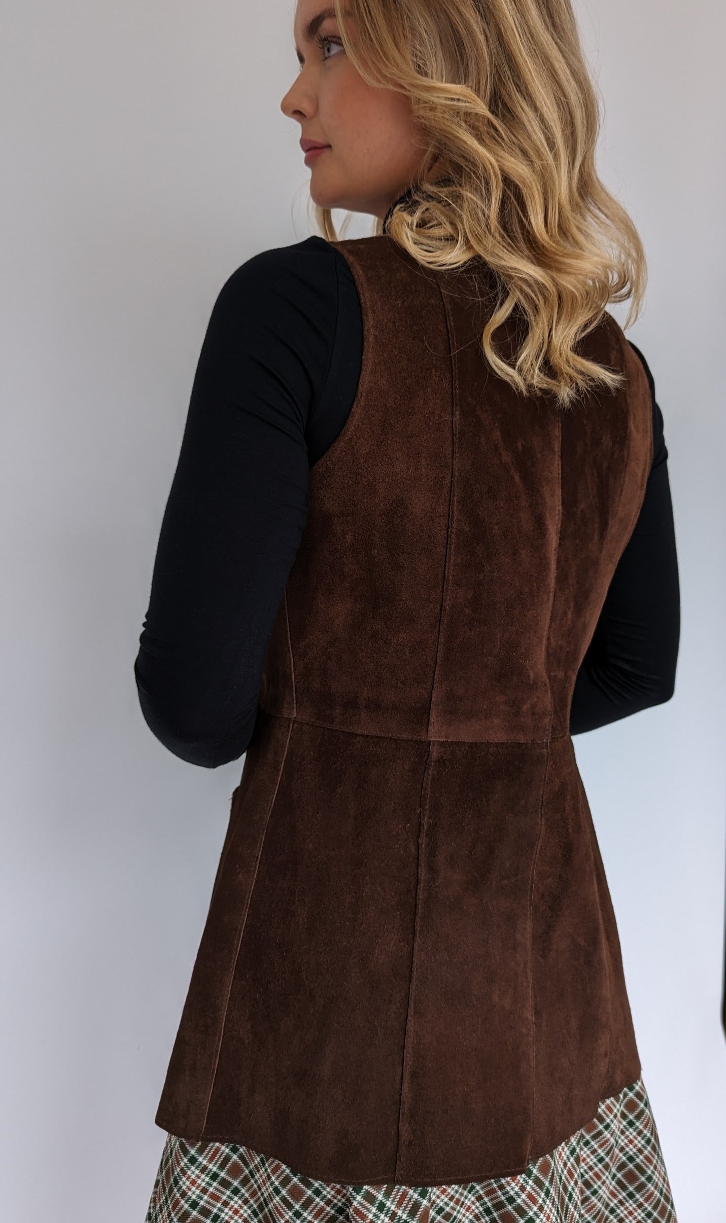back of vintage dark brown ladies 1970s waistcoat 