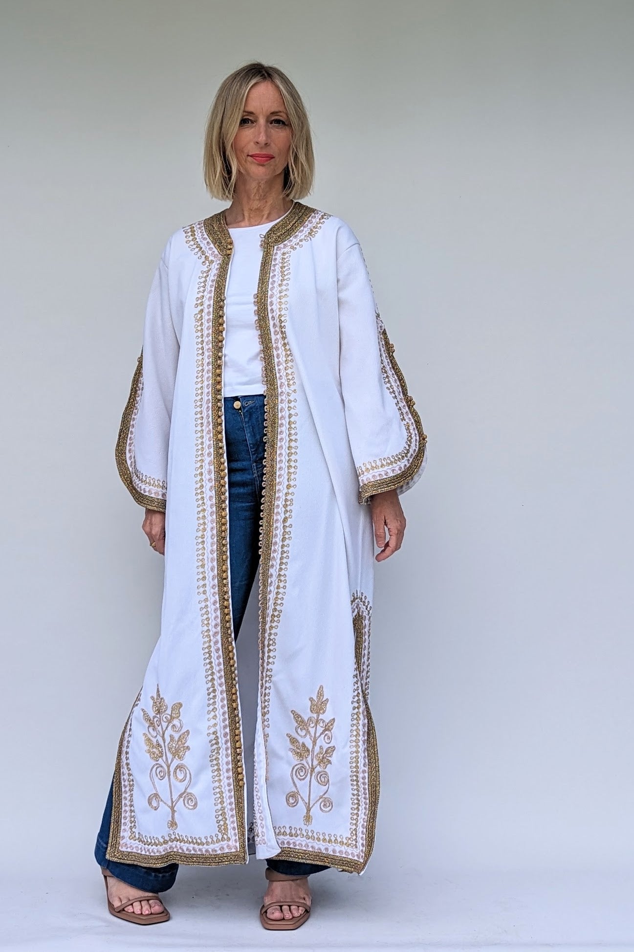 Long gold embroidered kaftan cover up robe front