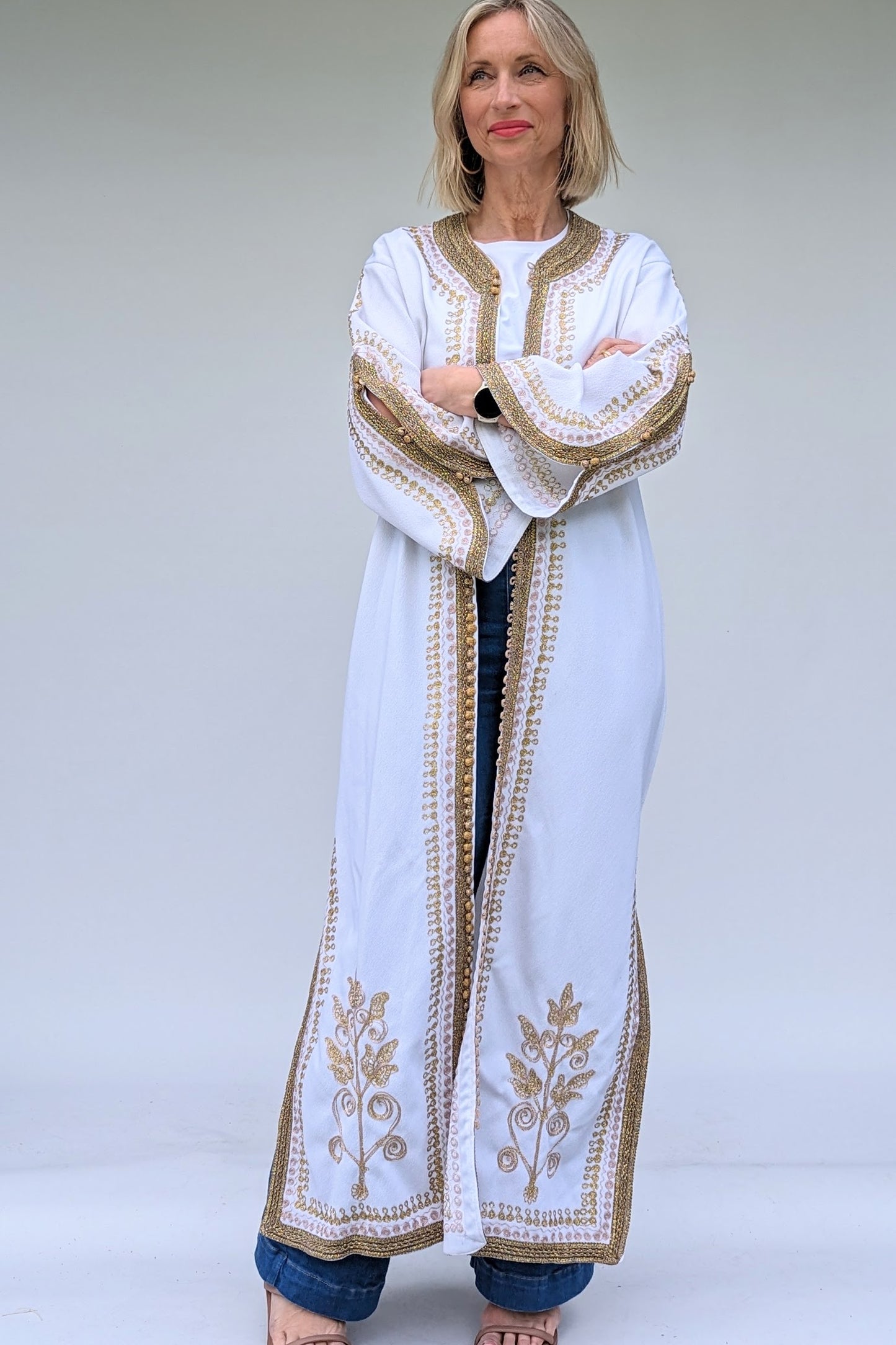 Long gold embroidered kaftan cover up robe