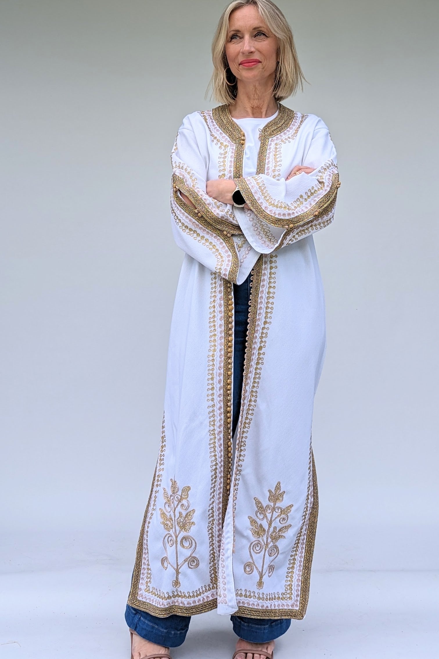 Long gold embroidered kaftan cover up robe
