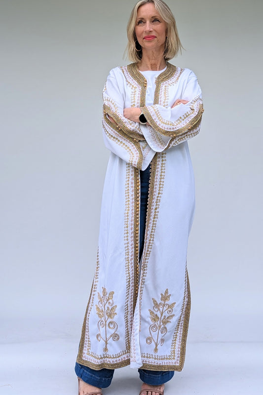 Long gold embroidered kaftan cover up robe