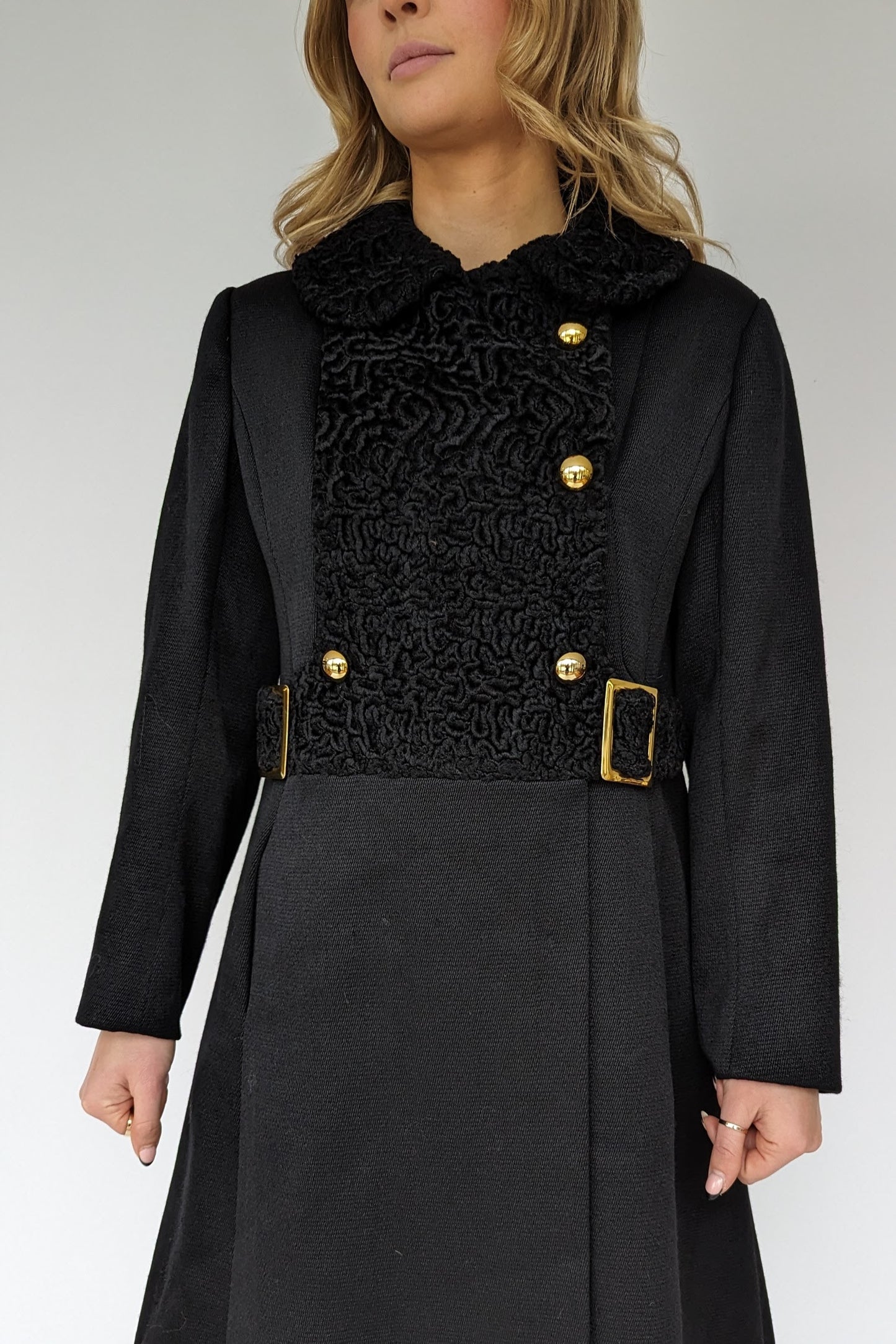 close up of front 60s vintage black vintage wool coat