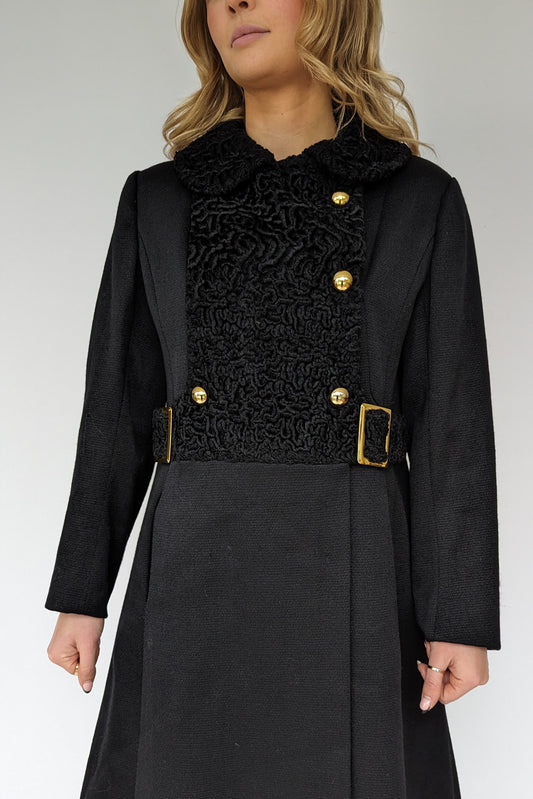close up of front 60s vintage black vintage wool coat