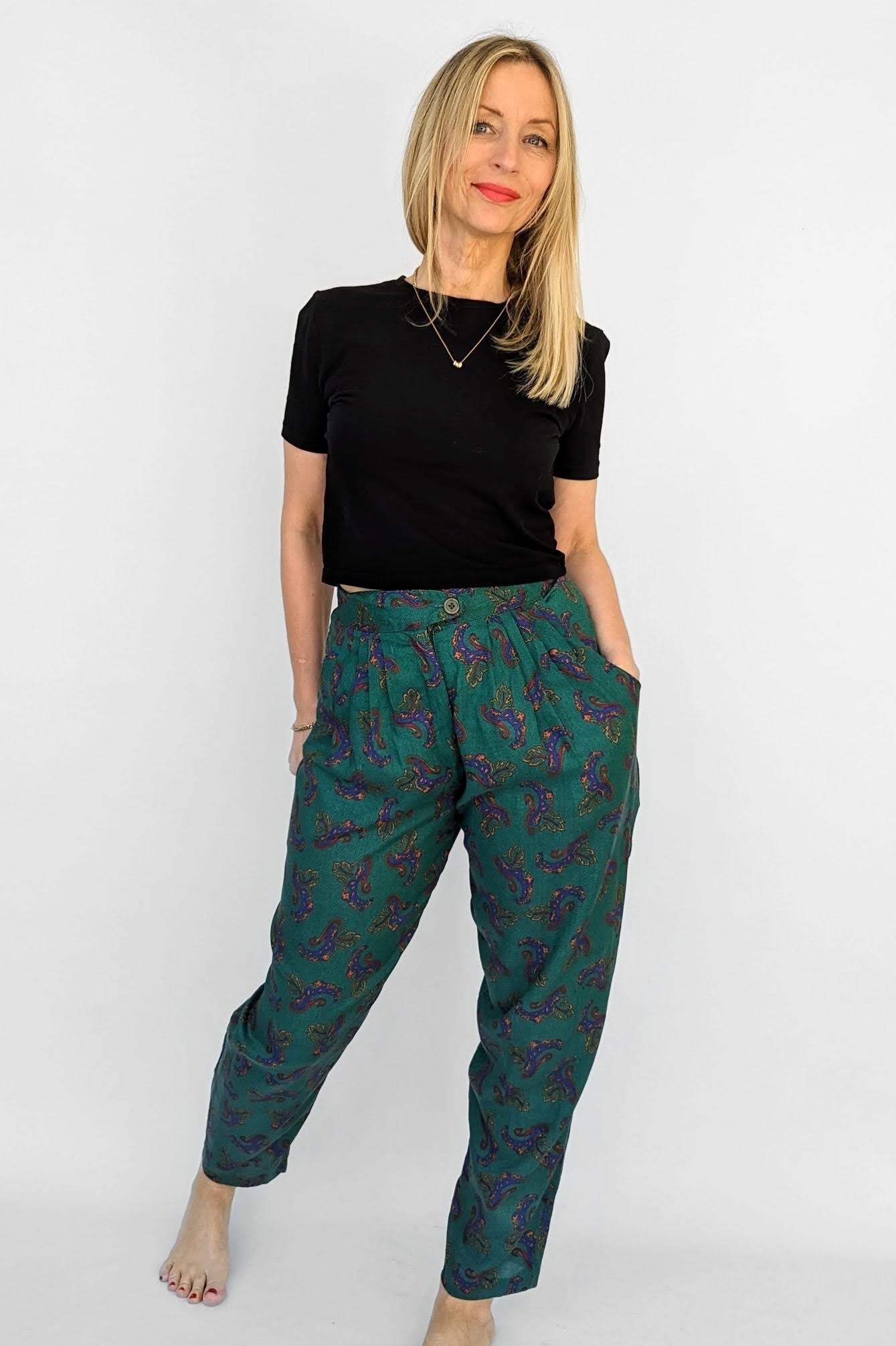 Diane von Furstenberg 80s vintage green paisley trousers