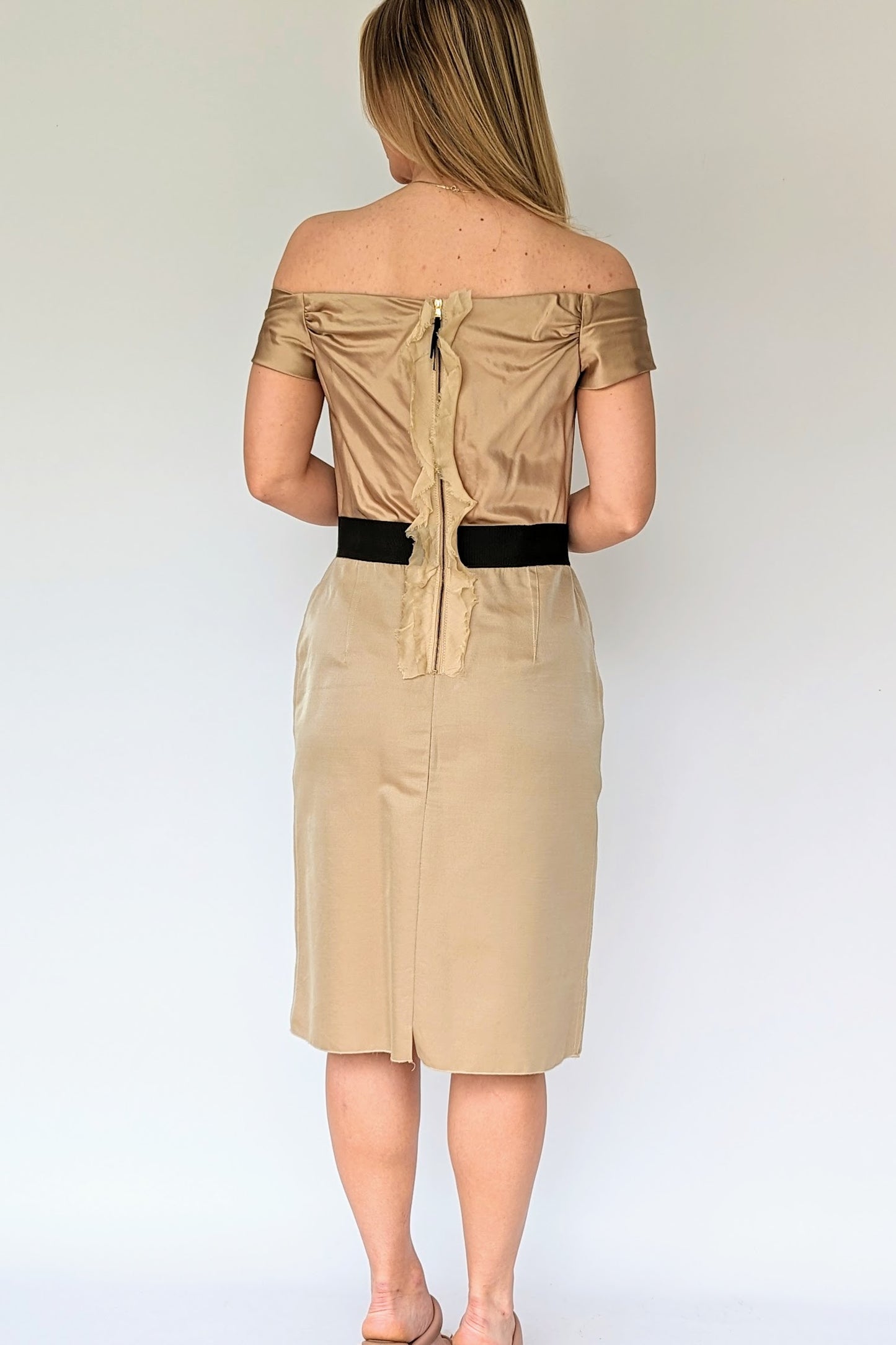 back of gold satin off shoulder dolce & gabbana cocktail dress