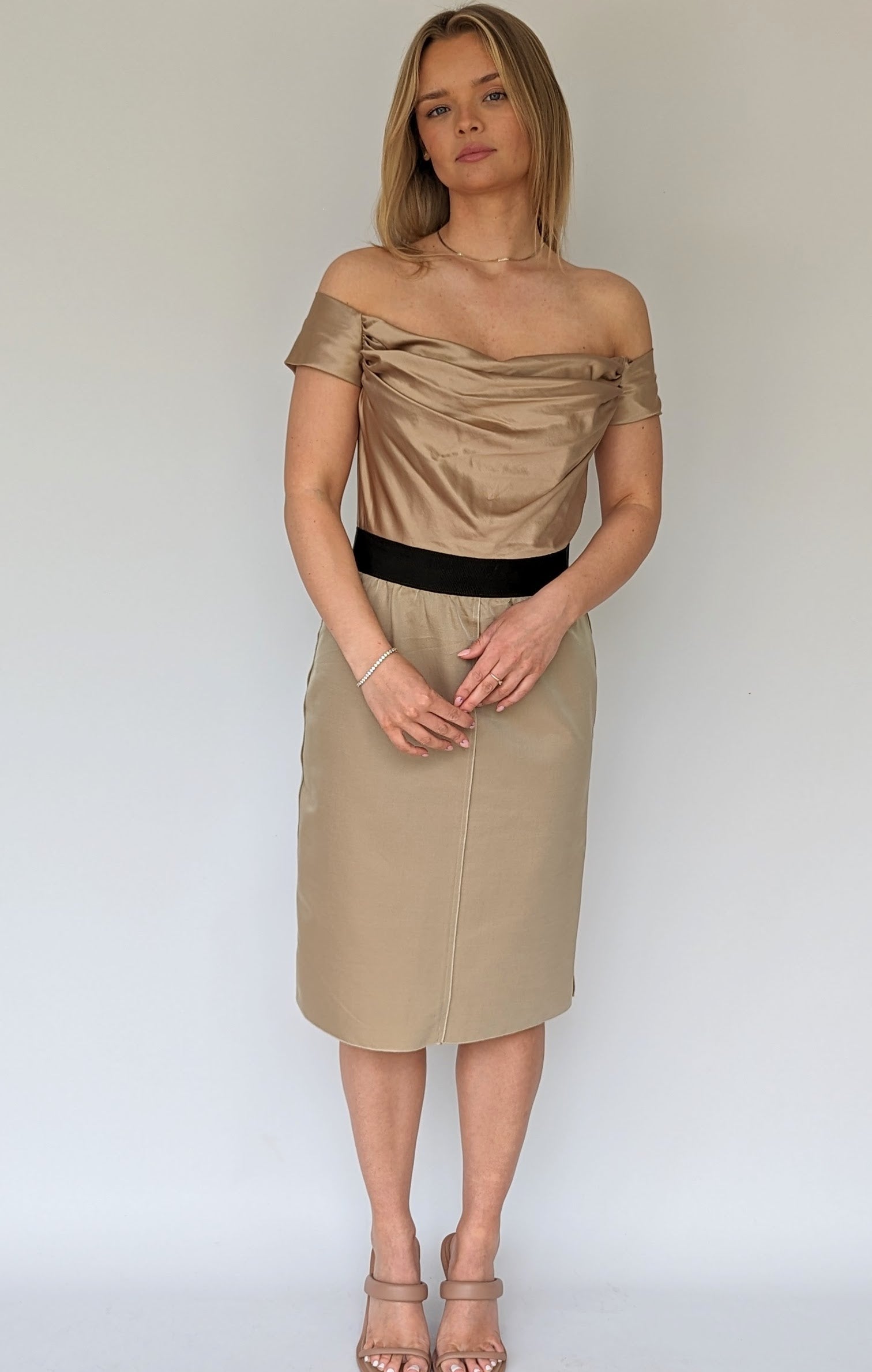gold satin off shoulder dolce & gabbana cocktail dress with waistband