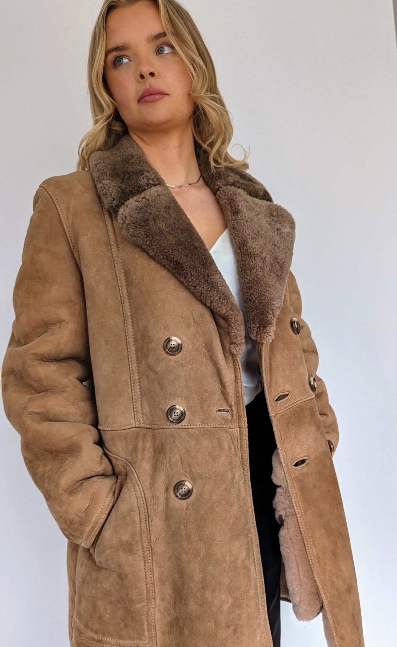 double breasted vintage sheepskin coat with pockets