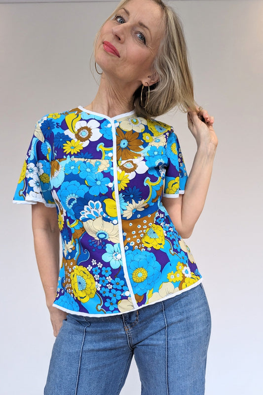 70s floral bright short sleeve top