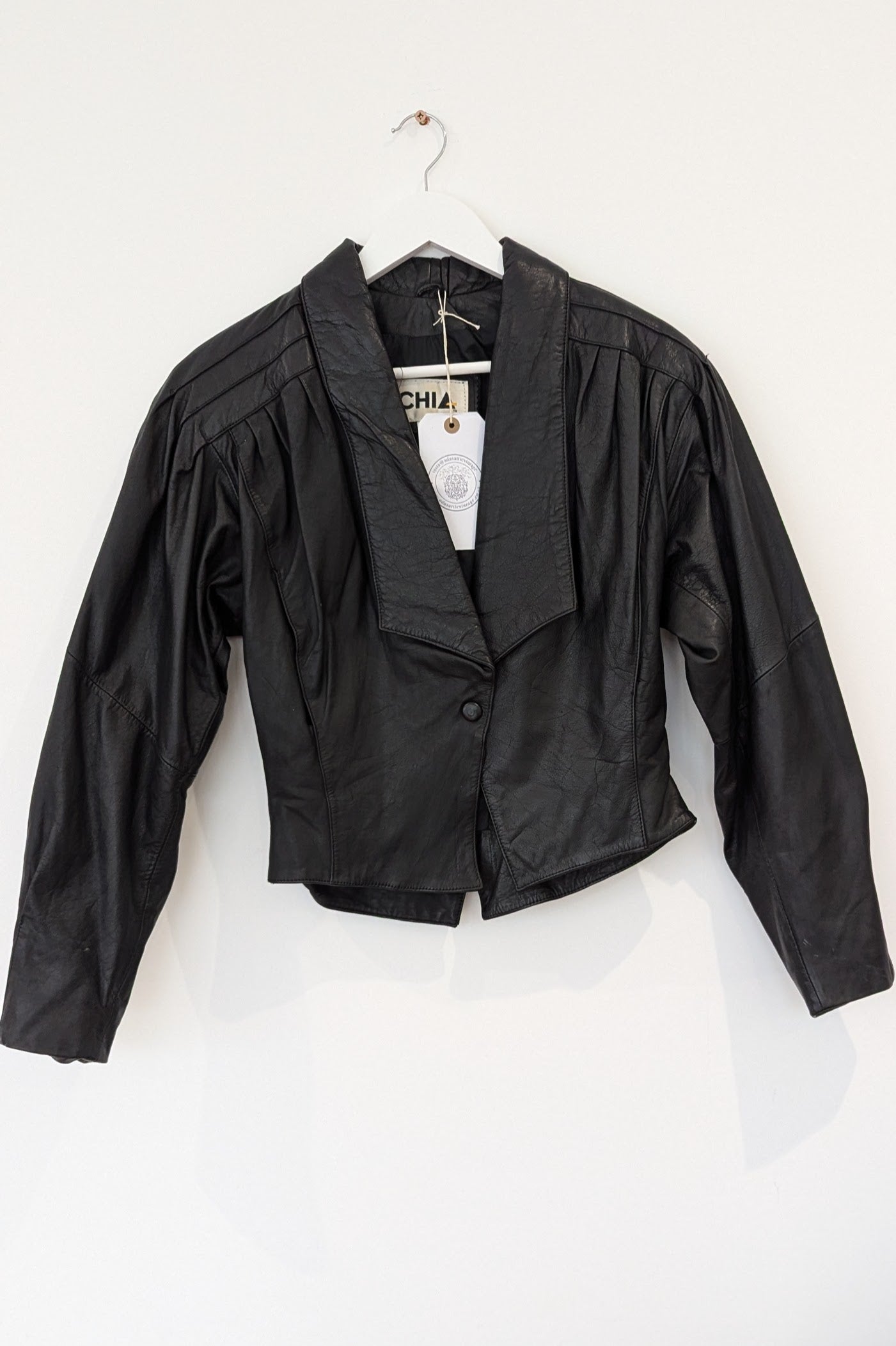 front of vintage leather black 80s jacket