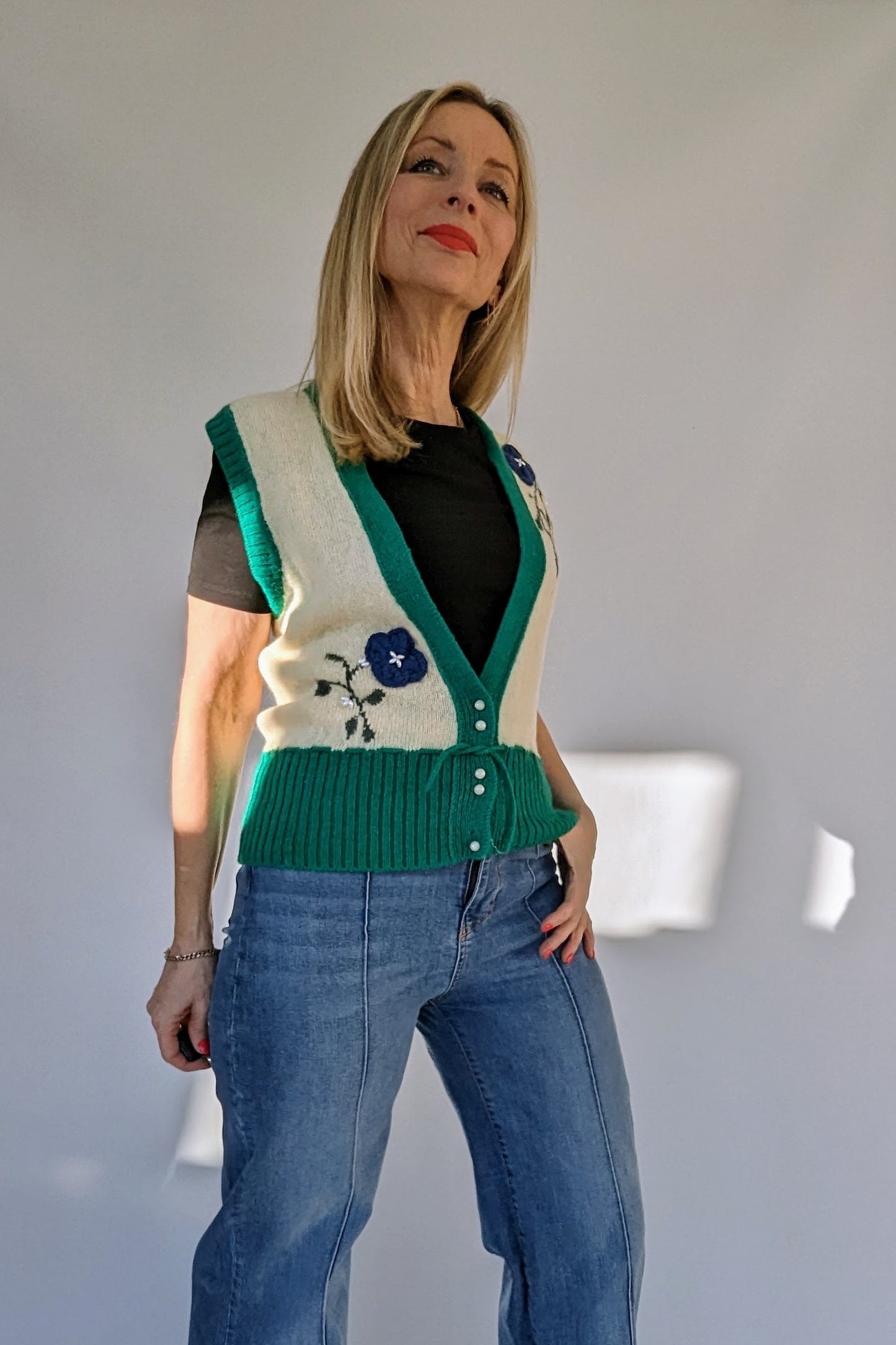 vintage wool waistcoat with green trim and flowers