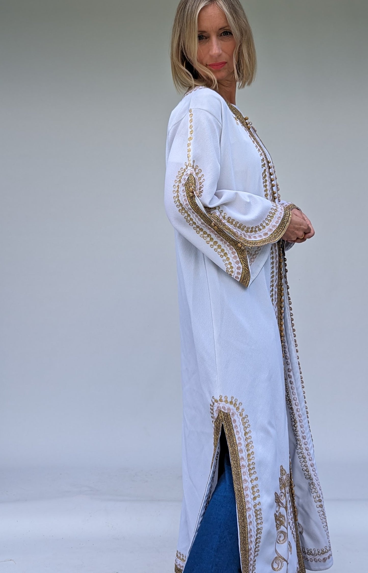 side of Long gold embroidered kaftan cover up robe