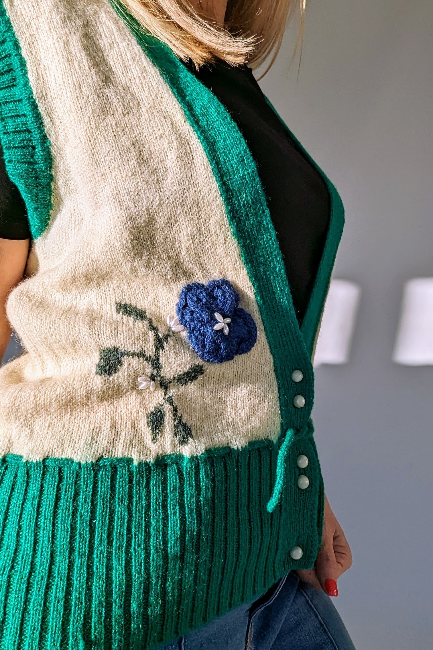 blue flower on wool waistcoat top