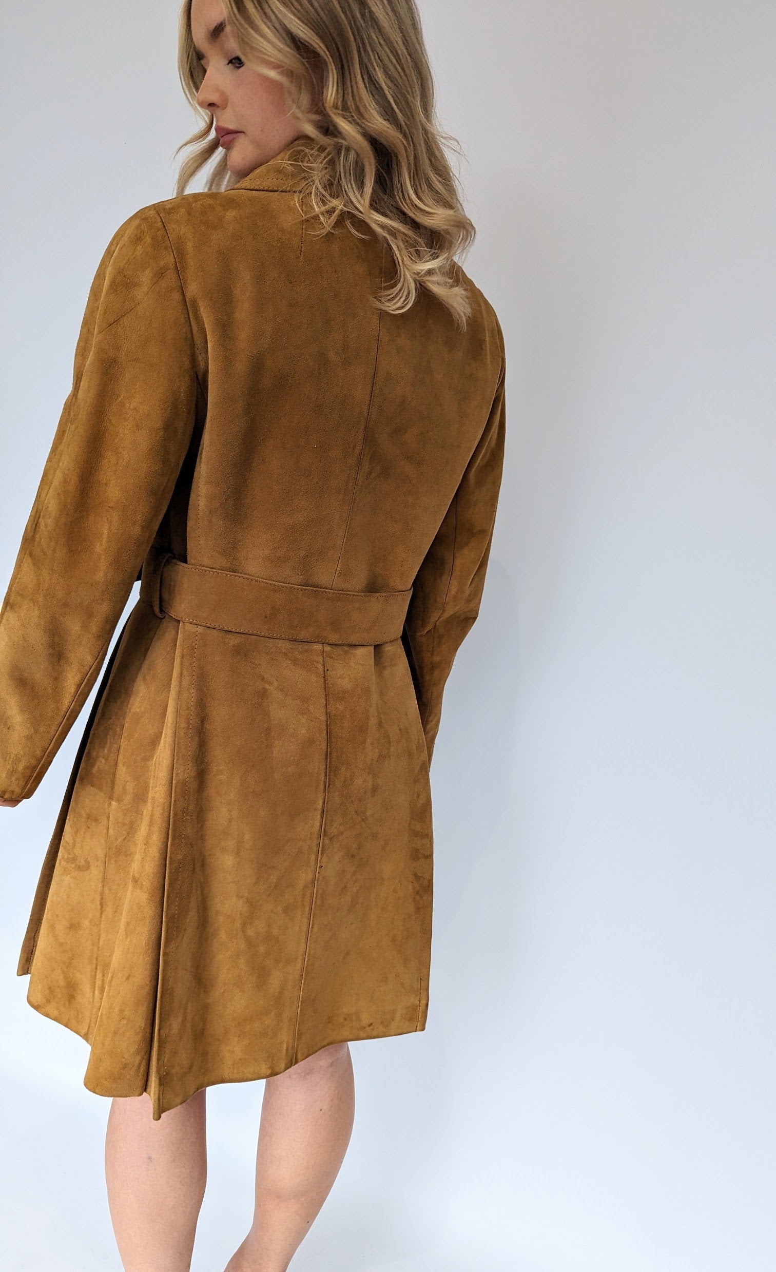 back of 70s long tan suede ladies coat with gold buttons