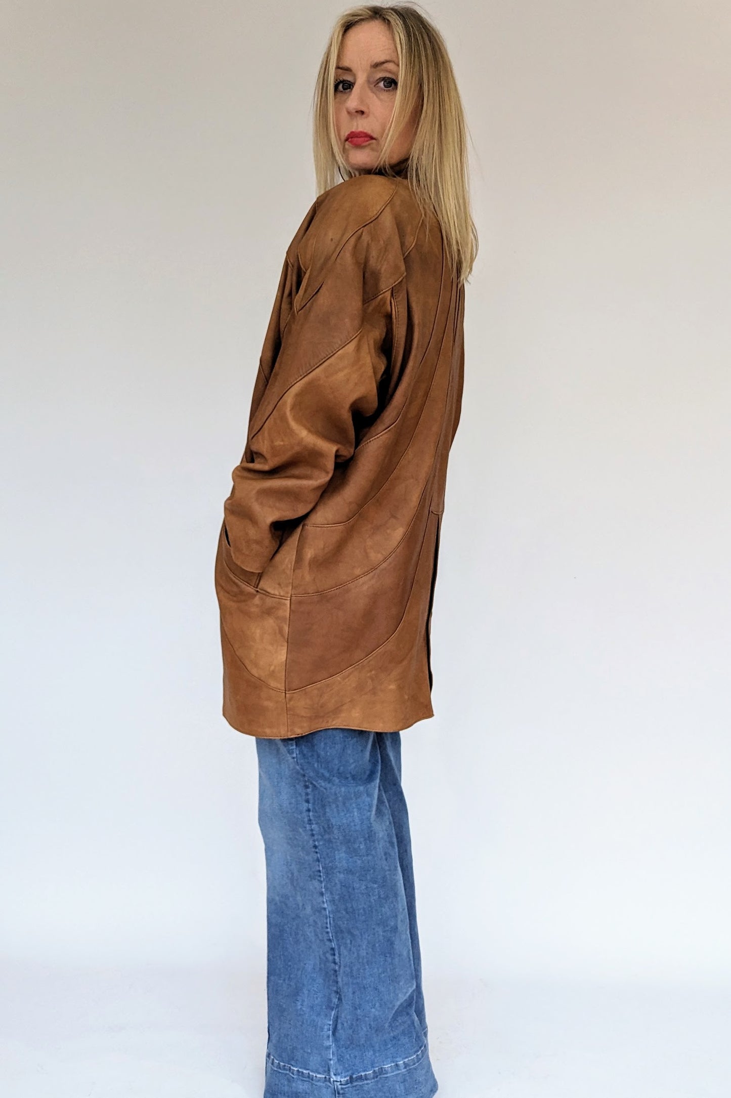 Side of 80s Brown Tan Soft Leather Oversized Jacket