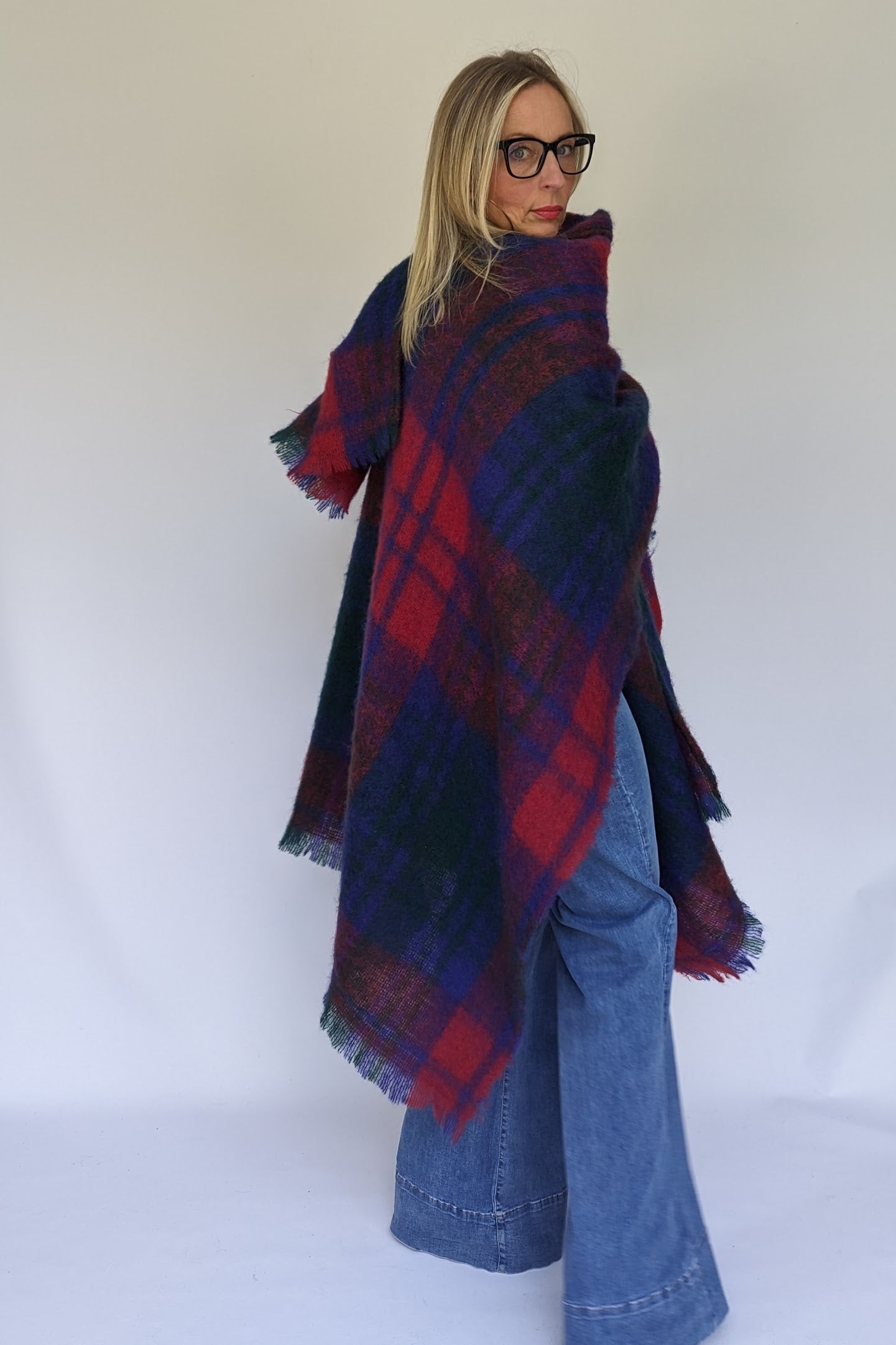 large mohair scarf in red blue and green