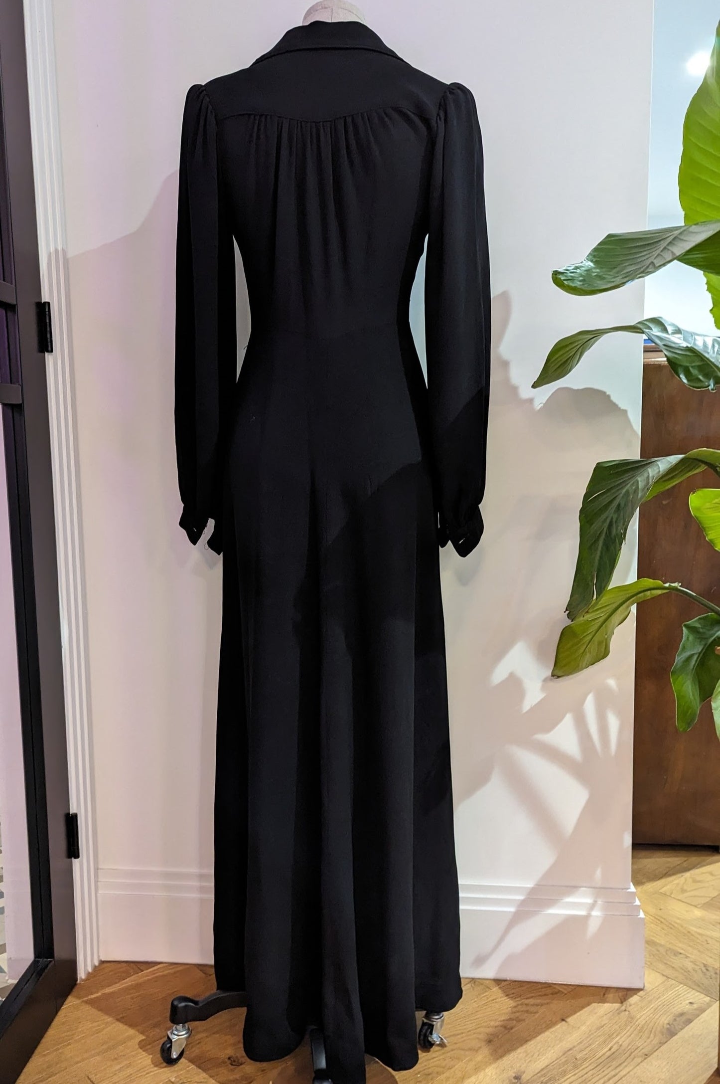Ossie Clark black crepe long dress from back