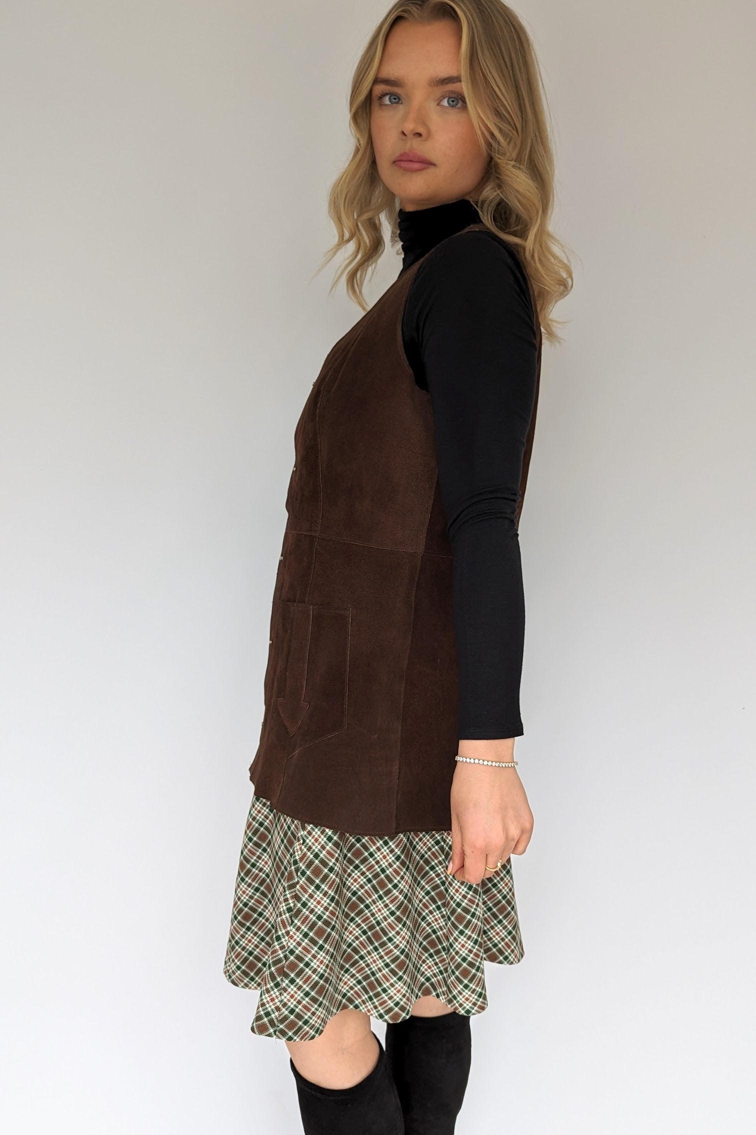 side view of vintage dark brown ladies 1970s waistcoat 