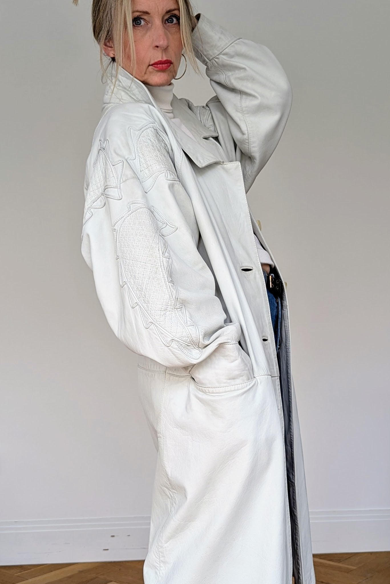 long applique white vintage leather coat