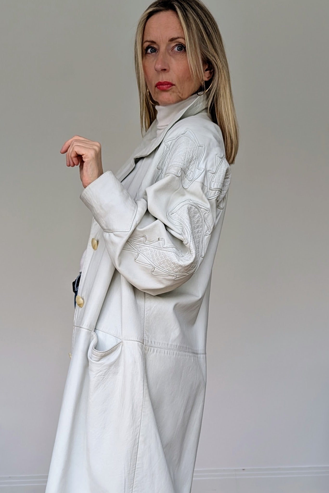 long white leather coat with applique design vintage 80s retro