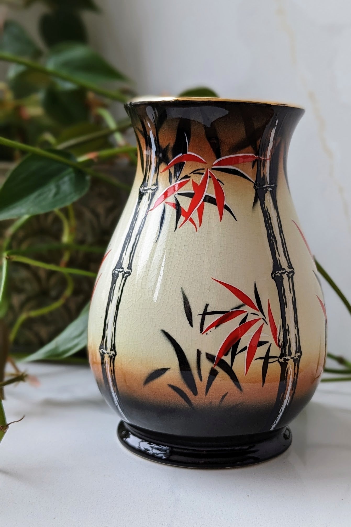 printed bamboo and leaf pattern on mid century vase