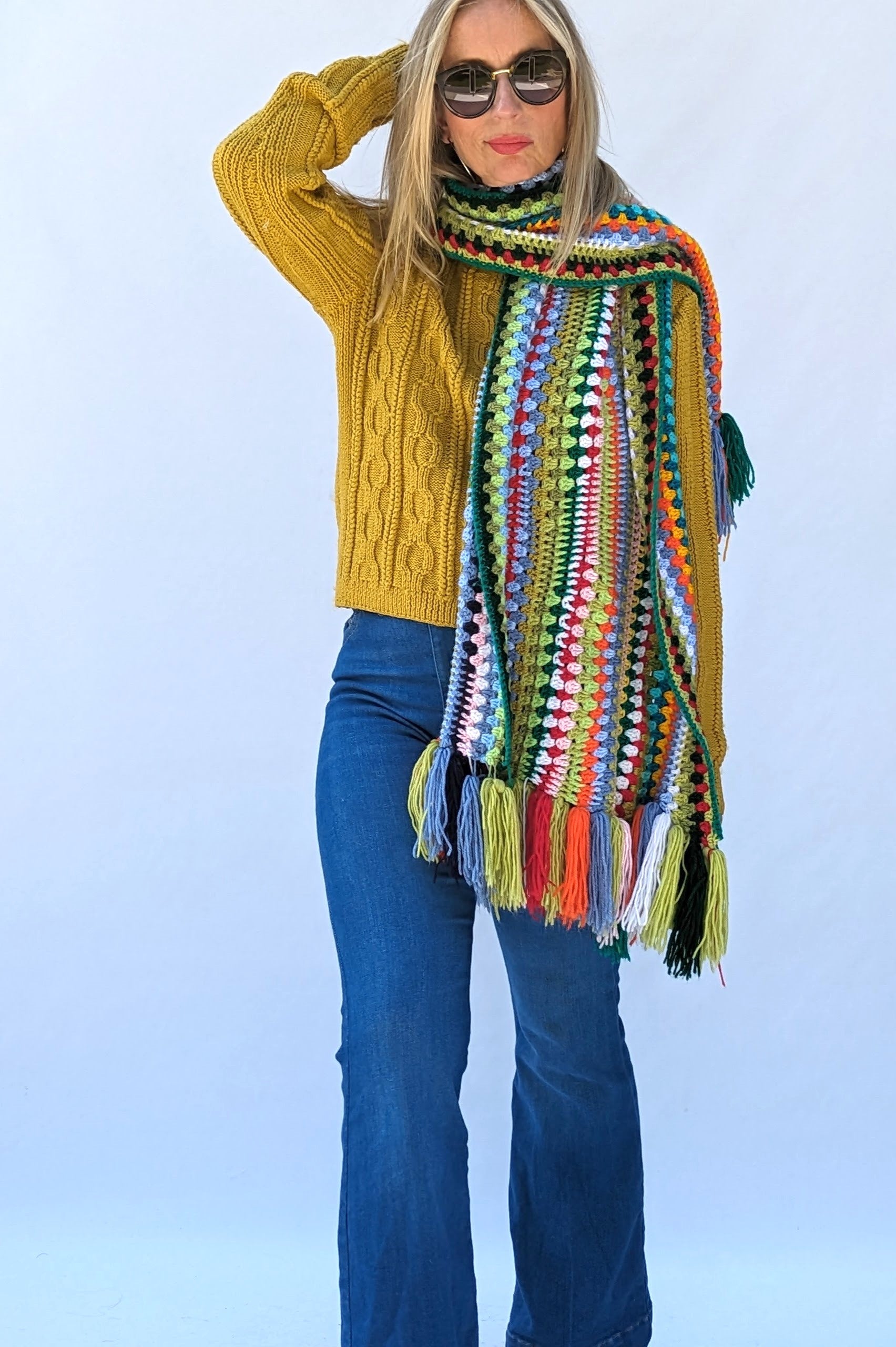yellow cableknit jumper with scarf