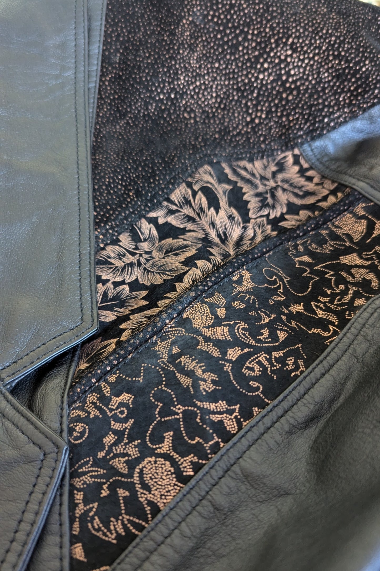 Vintage Black Leather Jacket with Bronze Suede Embellishment