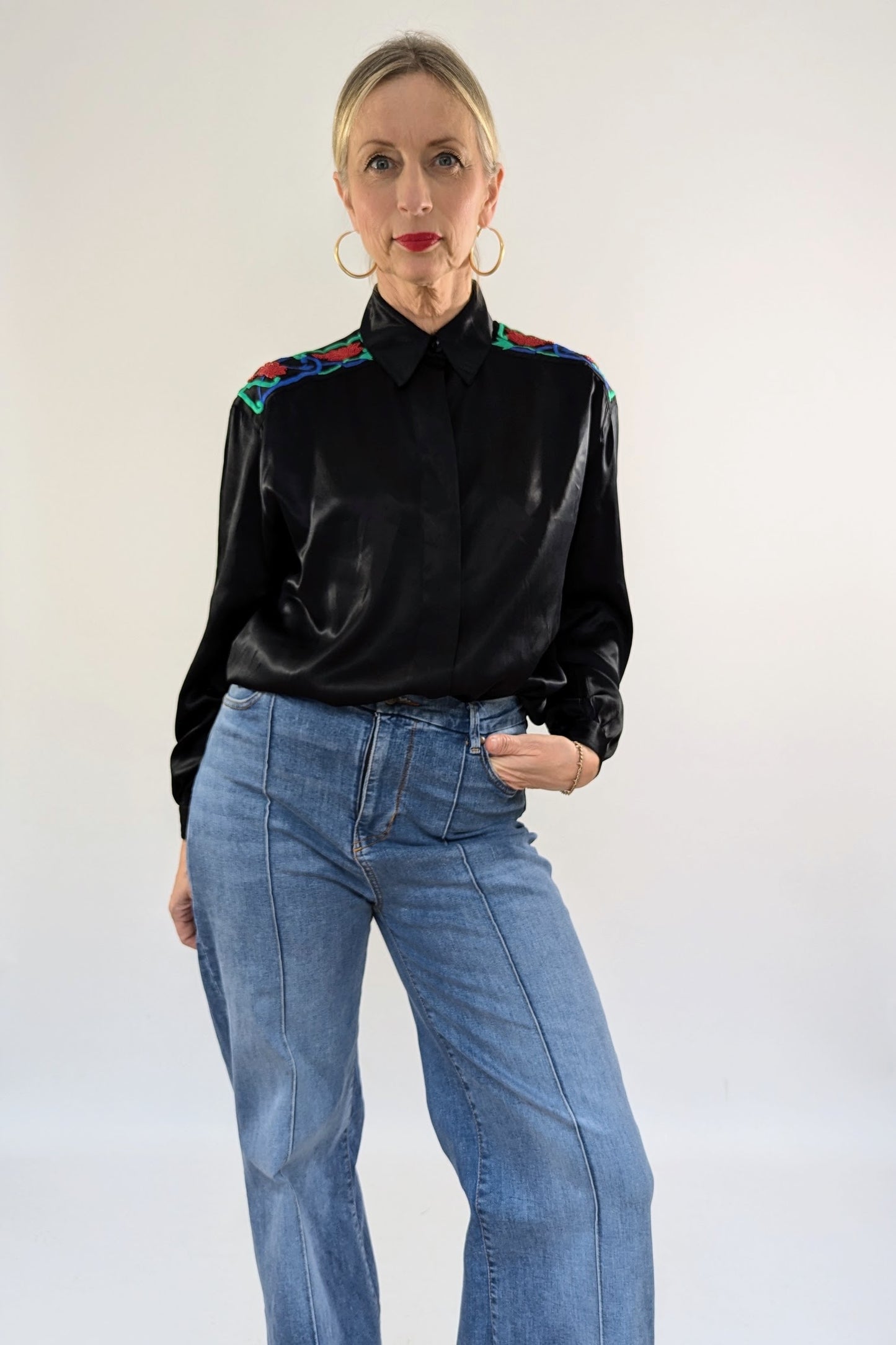 Black Satin Embellished Blouse