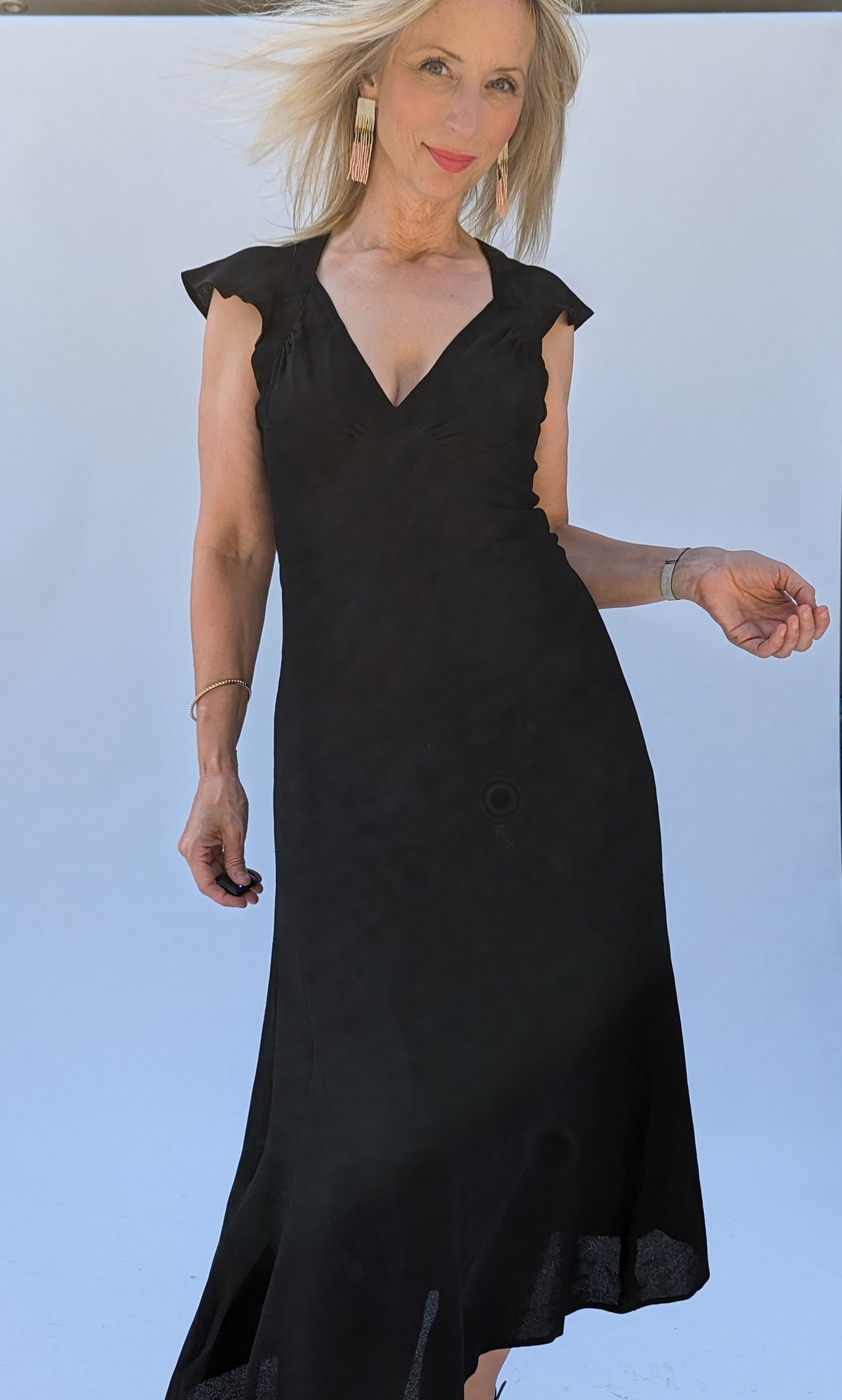 black crepe v neck 70s dress
