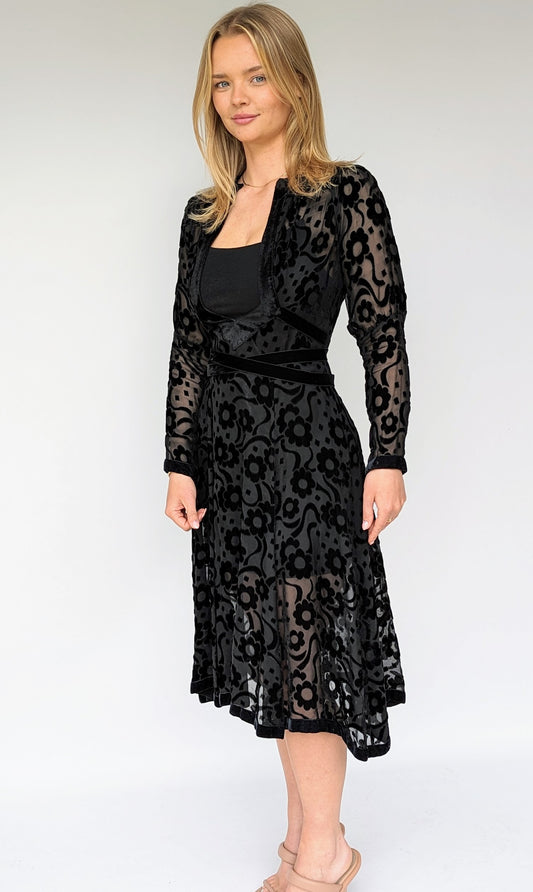 Vintage ossie clark 60s devore cut velvet black dress with tie waist