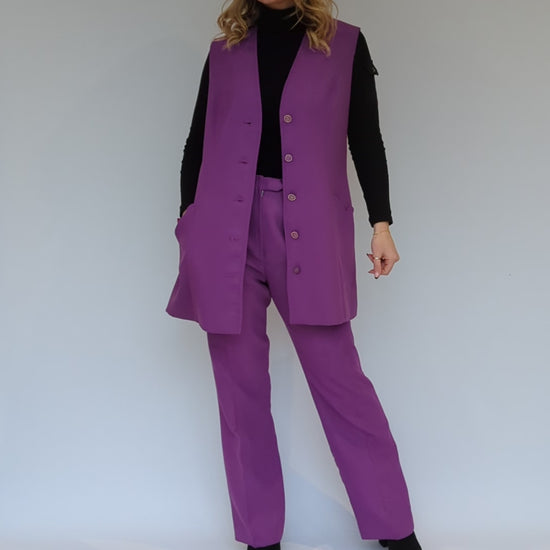 video showing purple trouser waistcoat set