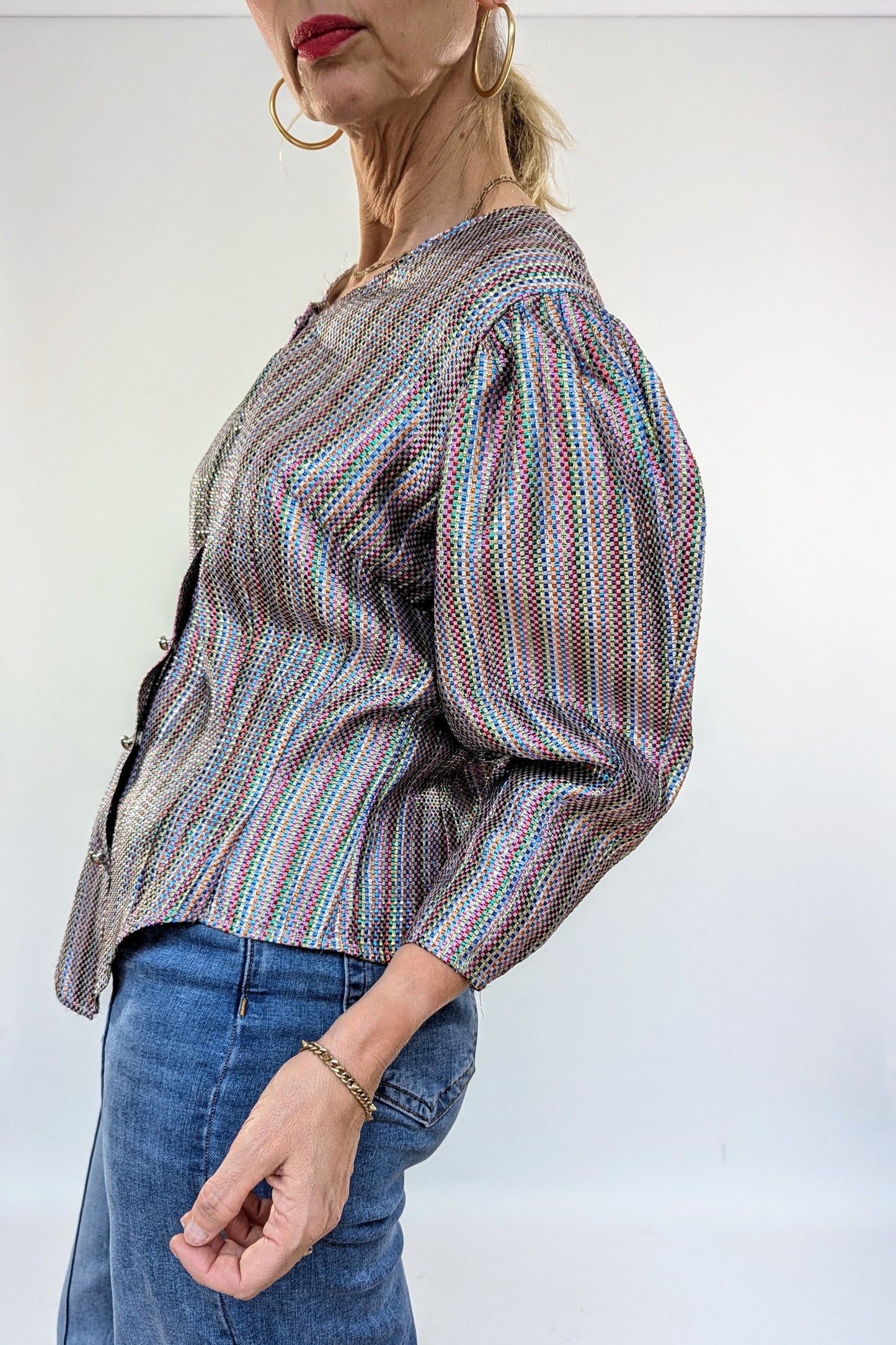 puff sleeve on metallic woven vintage top