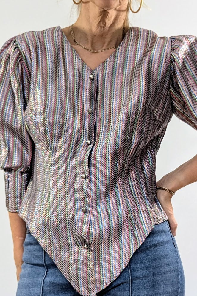 puff sleeve vintage metallic woven top