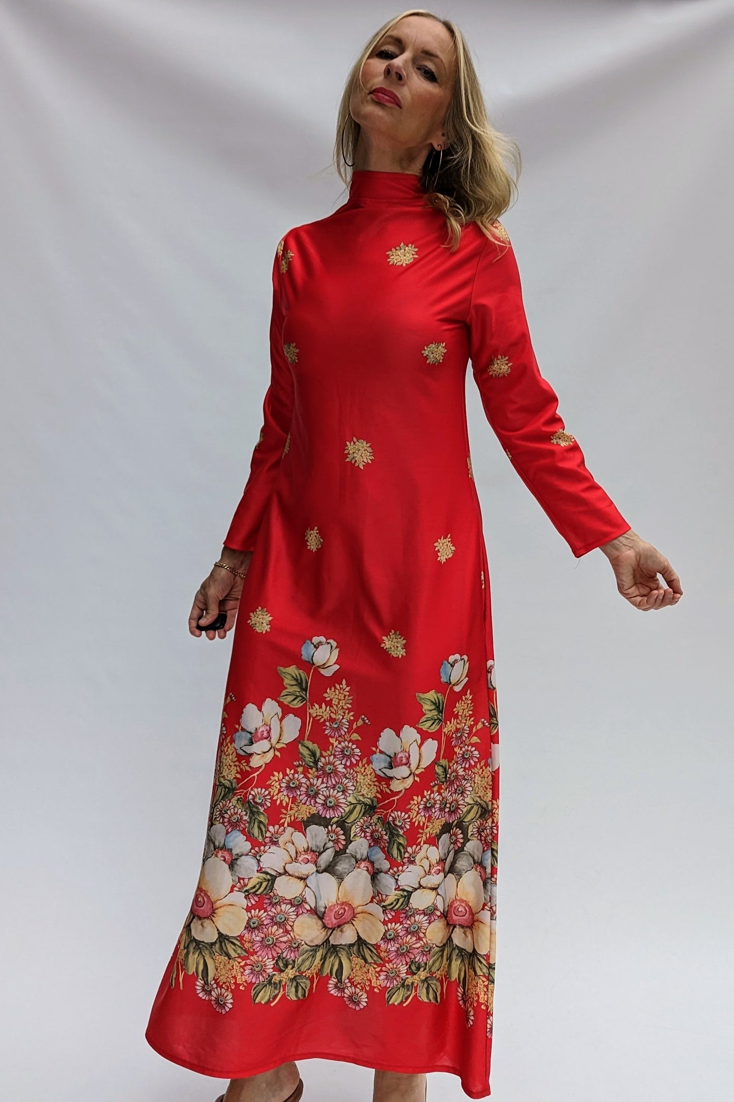 1970s red turtleneck maxi dress
