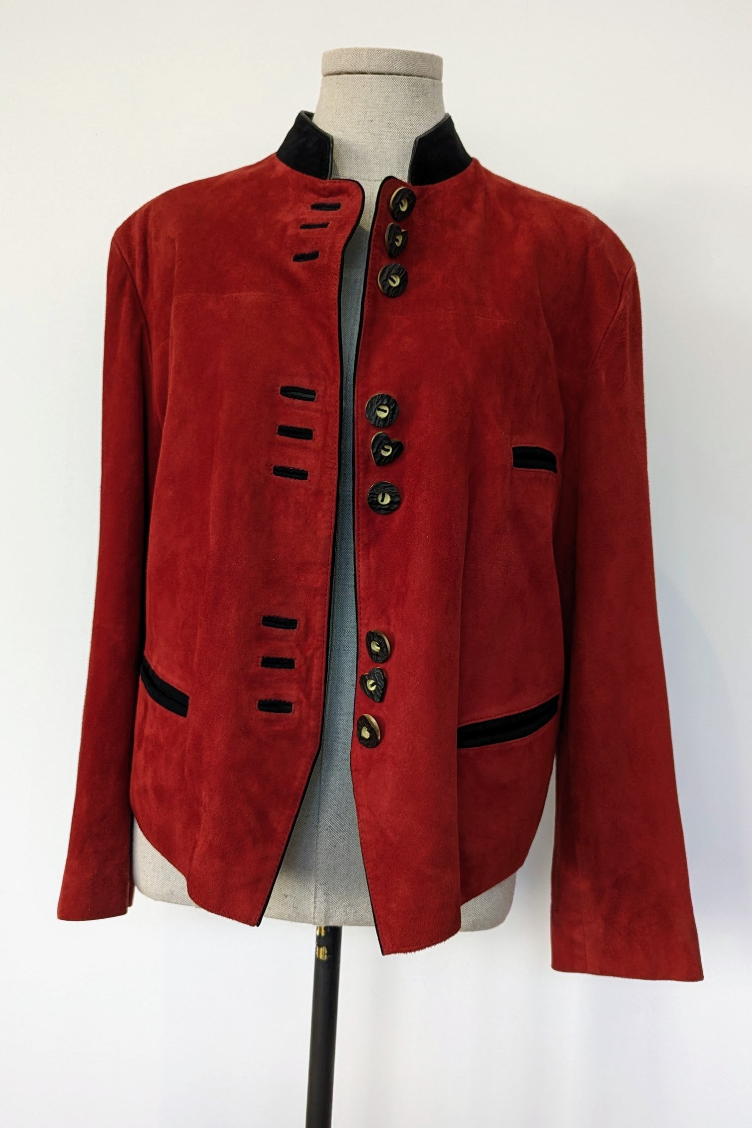 vintage red suede jacket with black trim