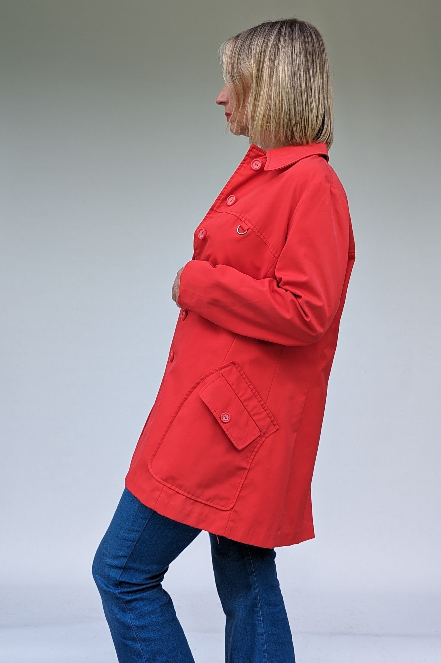 red vintage mac 1970s dagger collar side of with pockets